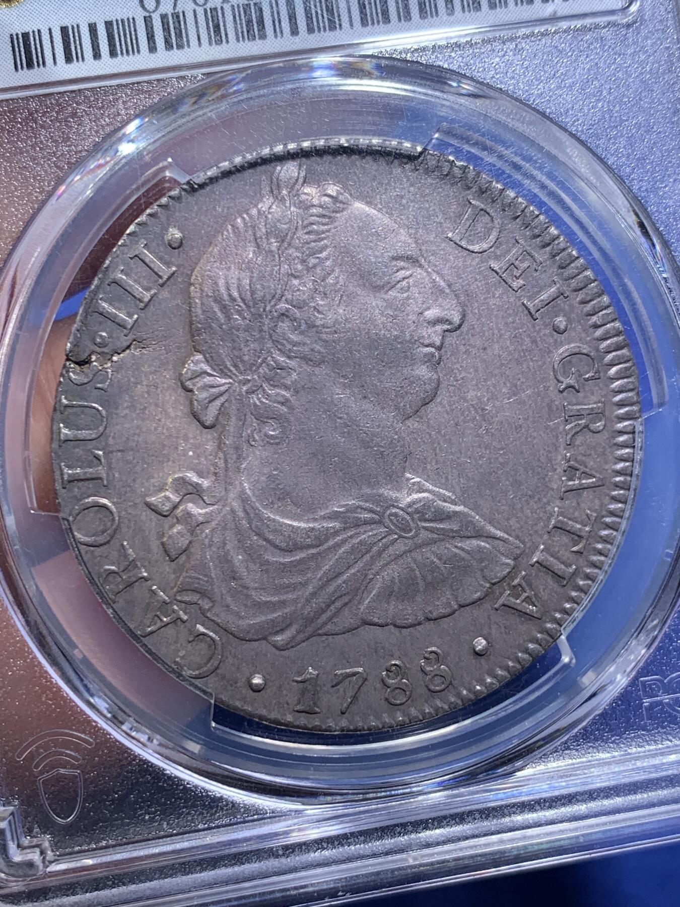 《竞宝斋》第293场- 周日，周一  2场连拍 （全场包邮） PCGS MS62 墨西哥1788年MoFM卡三8里亚尔银币 黑美人 亚军分 上面只有1枚