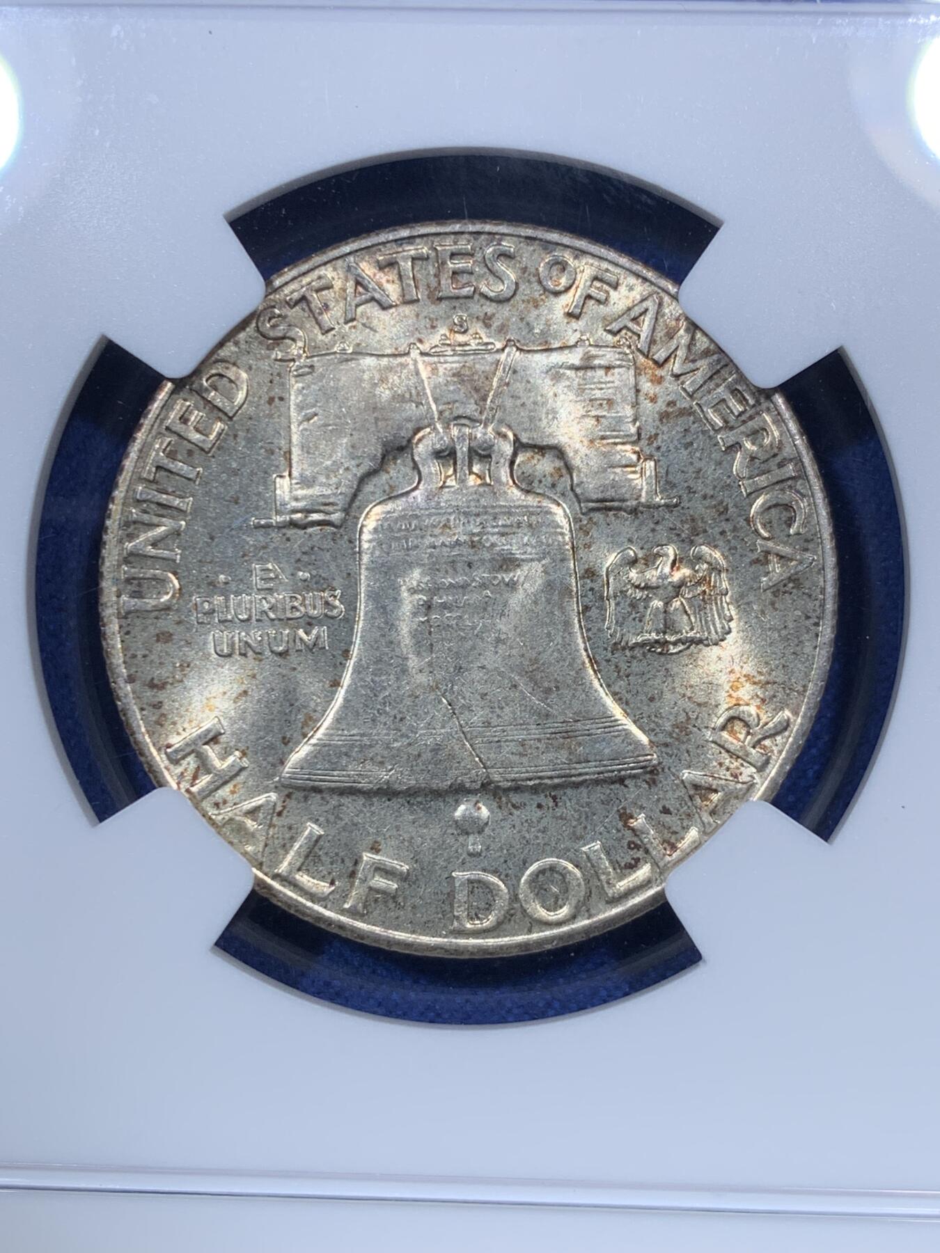 《竞宝斋》第293场- 周日，周一  2场连拍 （全场包邮） NGC MS65 美国 1949年S版 富兰克林半美元 50美分银币 月牙形五彩包浆 65分目录价160美元