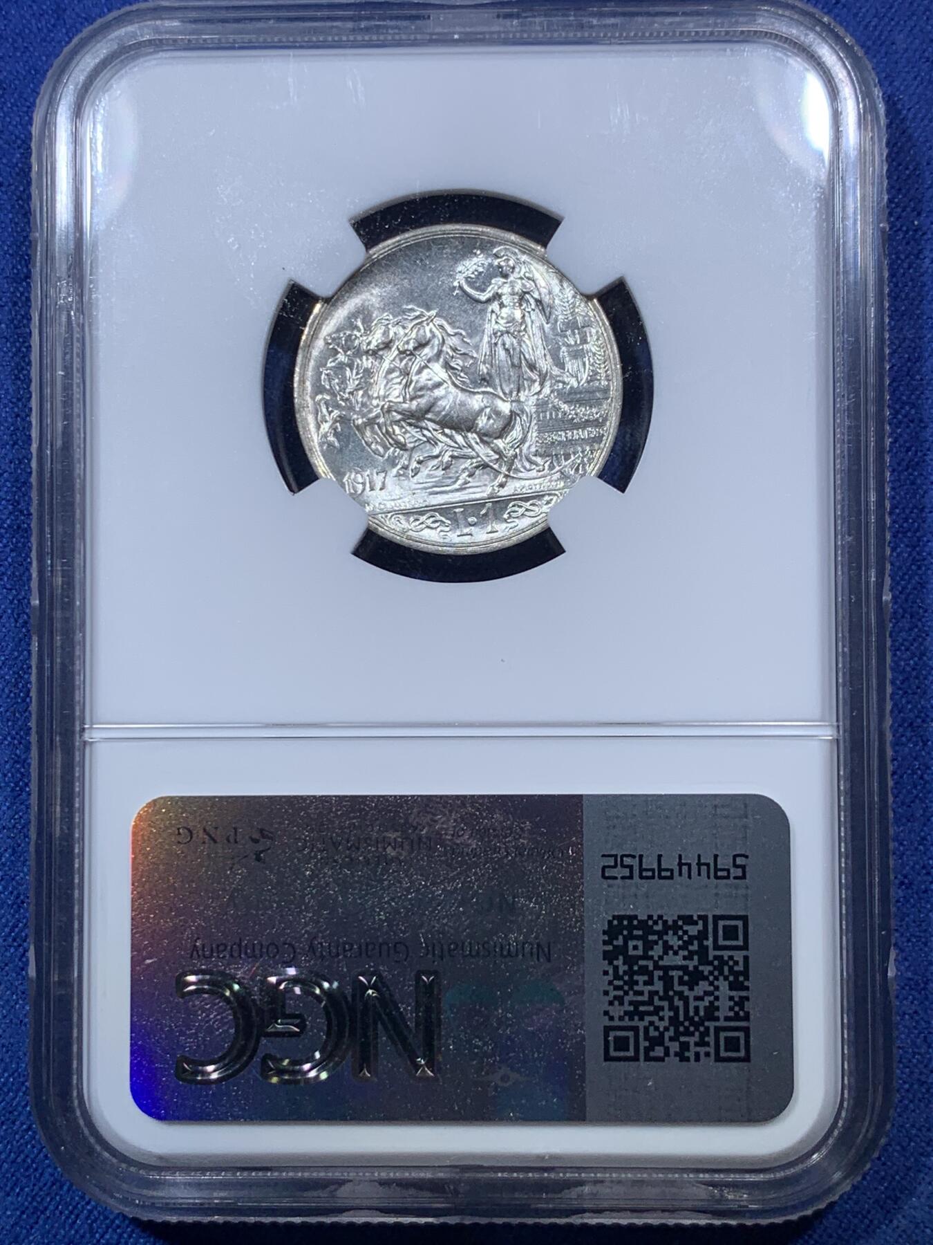 《竞宝斋》第293场- 周日，周一  2场连拍 （全场包邮） NGC MS63 意大利1917年马车1里拉银币 几乎出厂状态