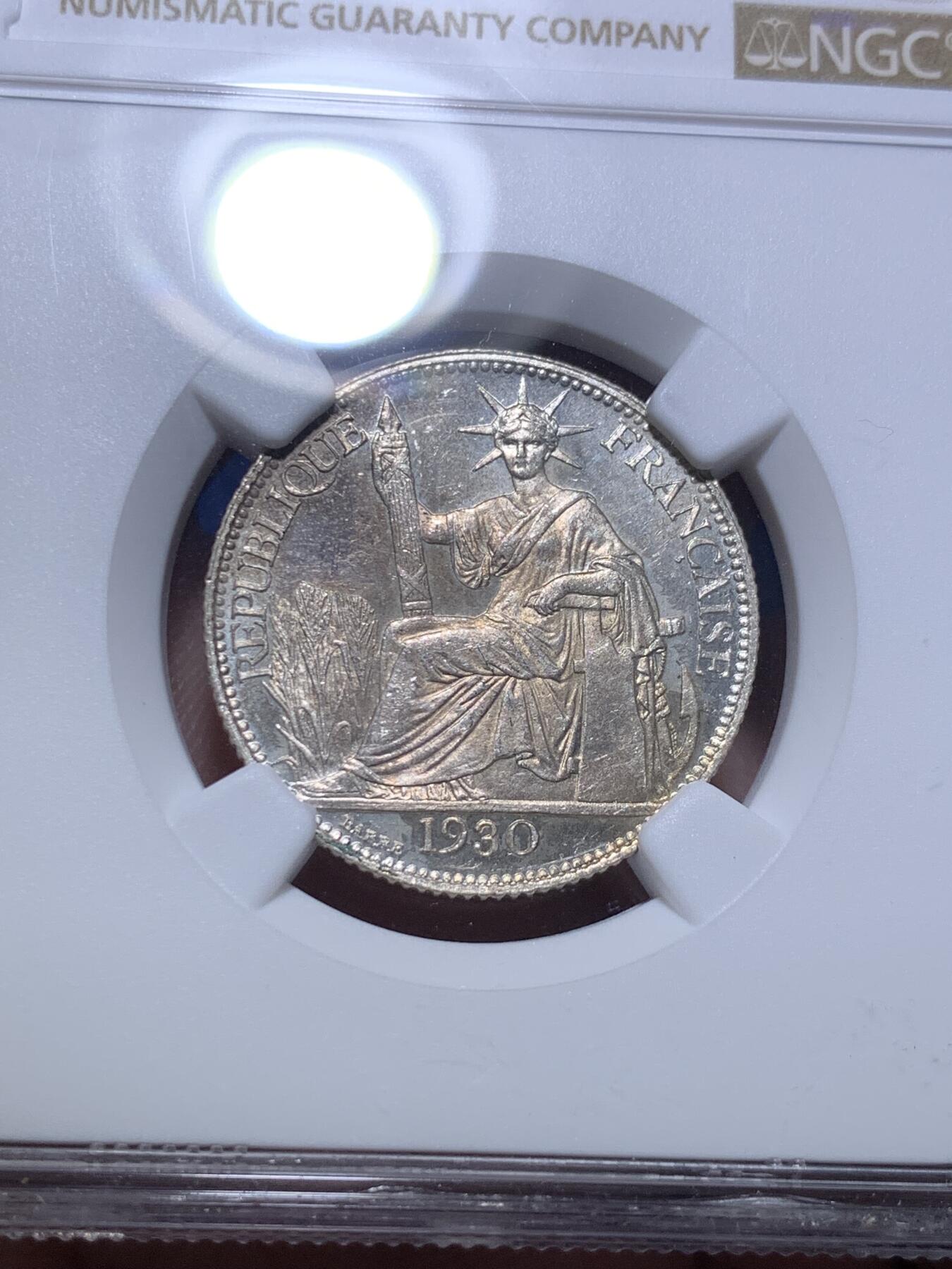 《竞宝斋》第293场- 周日，周一  2场连拍 （全场包邮） NGC UNCD 法属印支1930年坐洋20分银币 少见年份