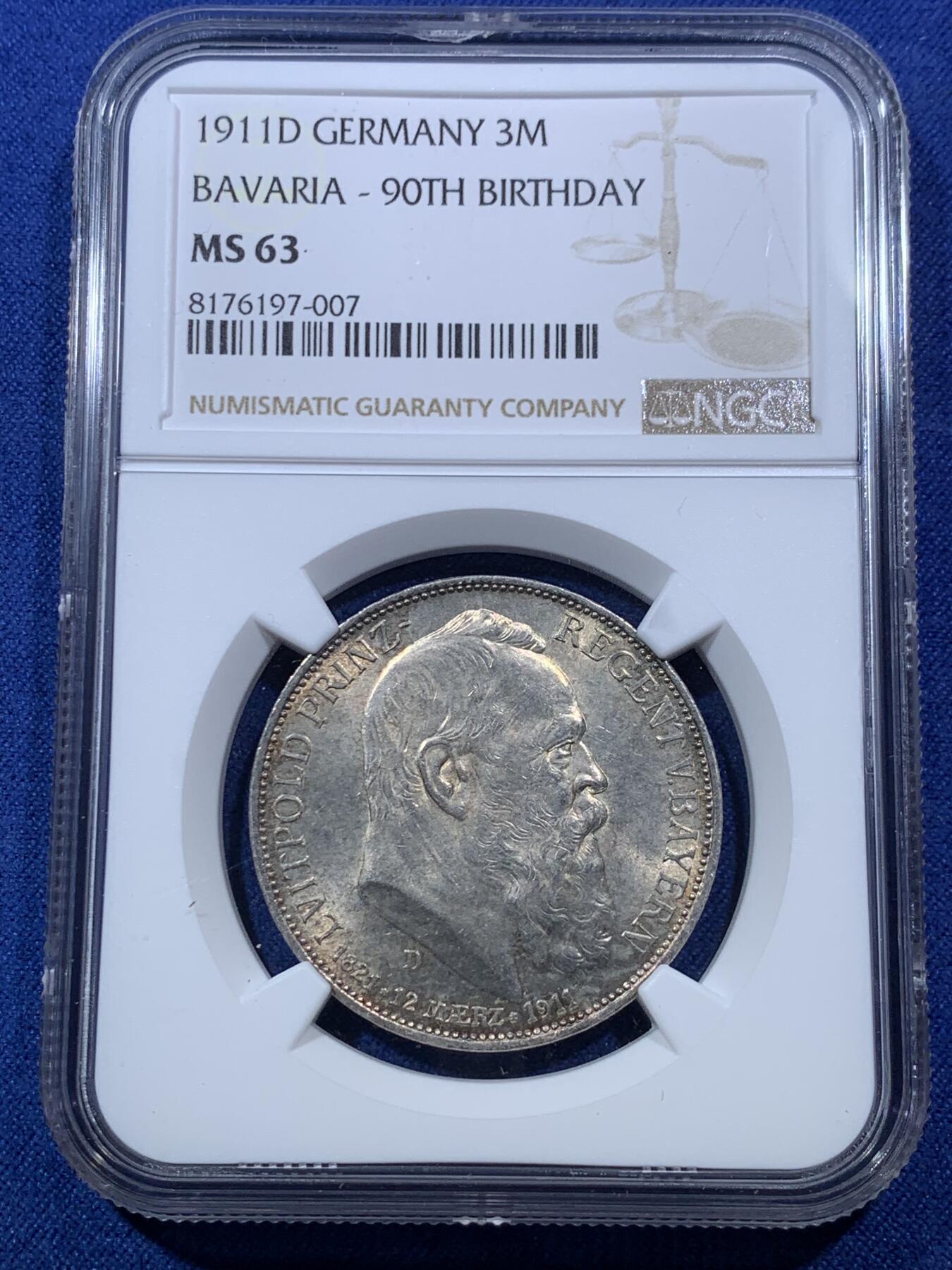《竞宝斋》第293场- 周日，周一  2场连拍 （全场包邮） NGC MS63  巴伐利亚1911年利奥波德3马克银币