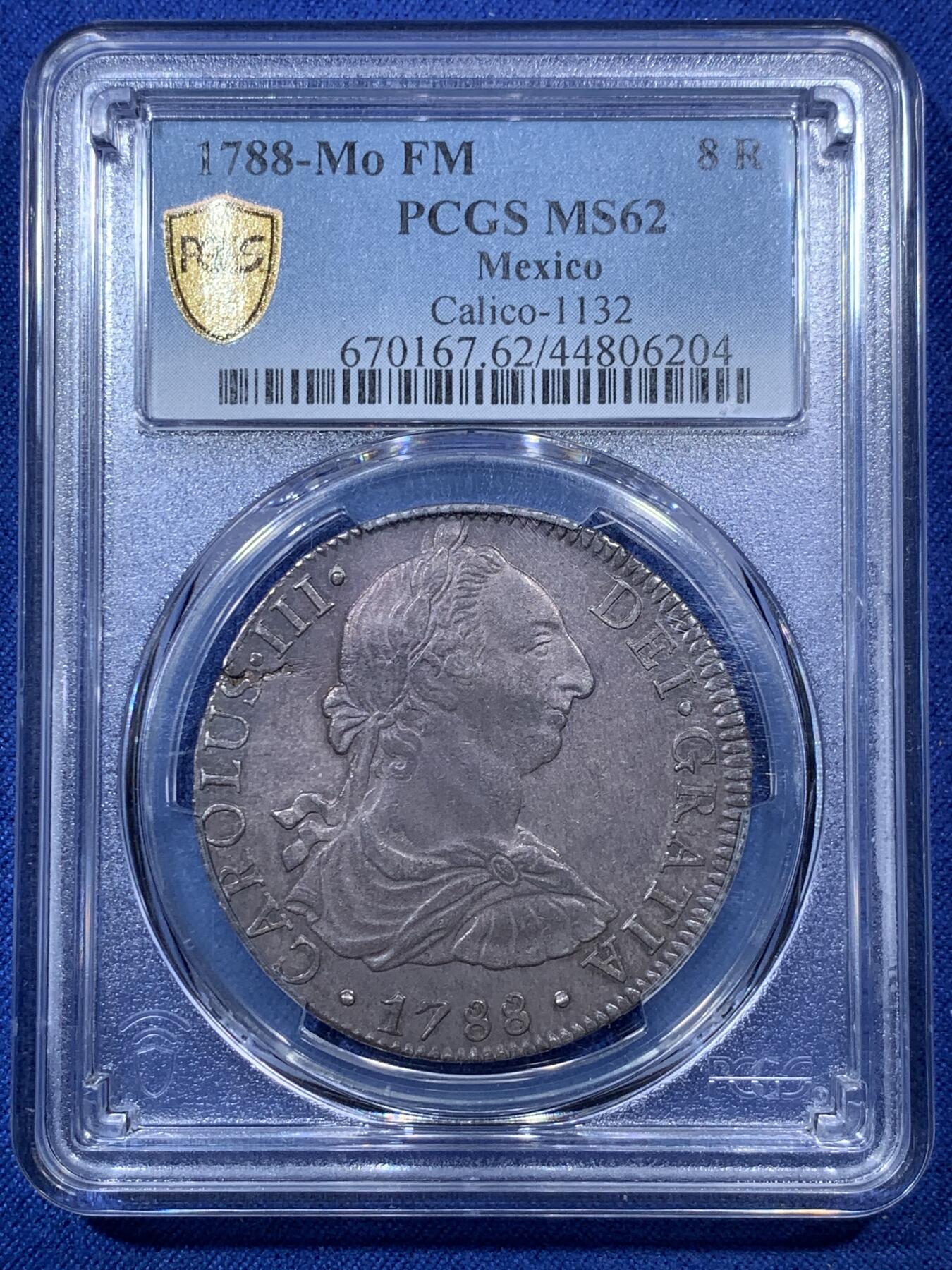 《竞宝斋》第293场- 周日，周一  2场连拍 （全场包邮） PCGS MS62 墨西哥1788年MoFM卡三8里亚尔银币 黑美人 亚军分 上面只有1枚