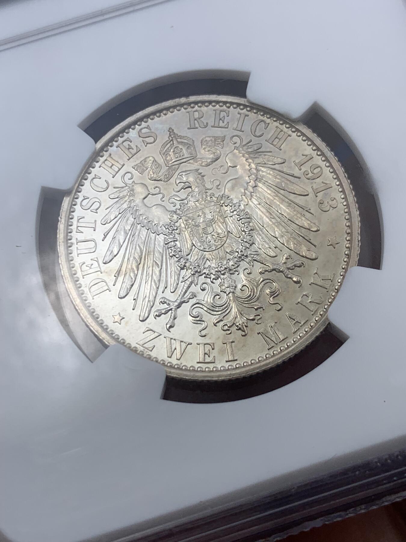 《竞宝斋》第293场- 周日，周一  2场连拍 （全场包邮） NGC PF63 德国1913威廉二世戎装2马克精制银币 镜面感很强 63分可藏的分数