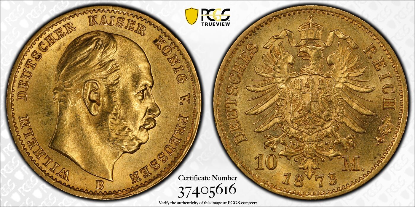 PCGS-MS63德国1873年普鲁士威廉一世10马克金币