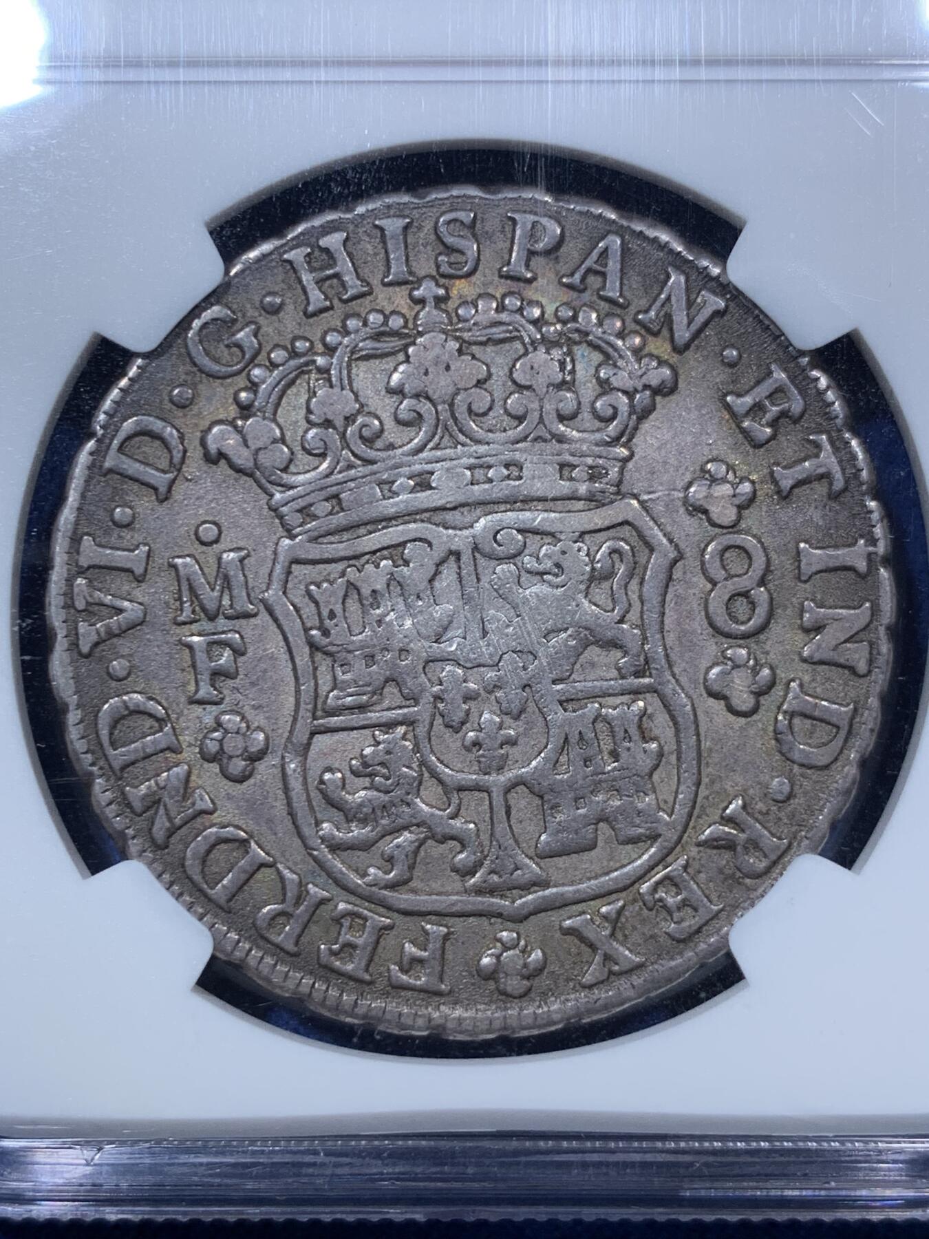 《竞宝斋》第293场- 周日，周一  2场连拍 （全场包邮） NGC XF40 墨西哥1747年费迪南六世地球双柱8里亚尔银币 双面细节清晰，比很多高分币状态还好，可重评