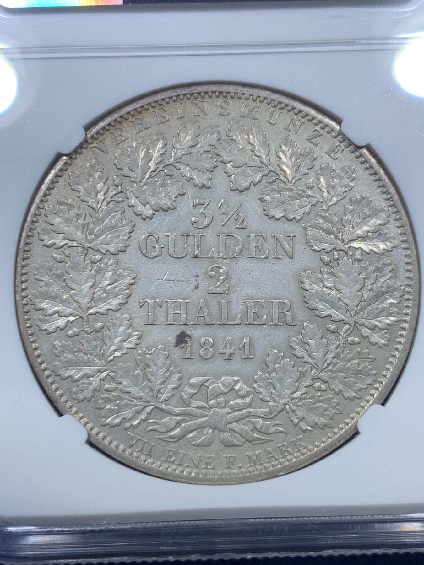 《竞宝斋》第293场- 周日，周一  2场连拍 （全场包邮） NGC AU50 德国 1841 巴登 利奥波德一世 2泰勒37克大银币 极少见头像 2泰勒更难得