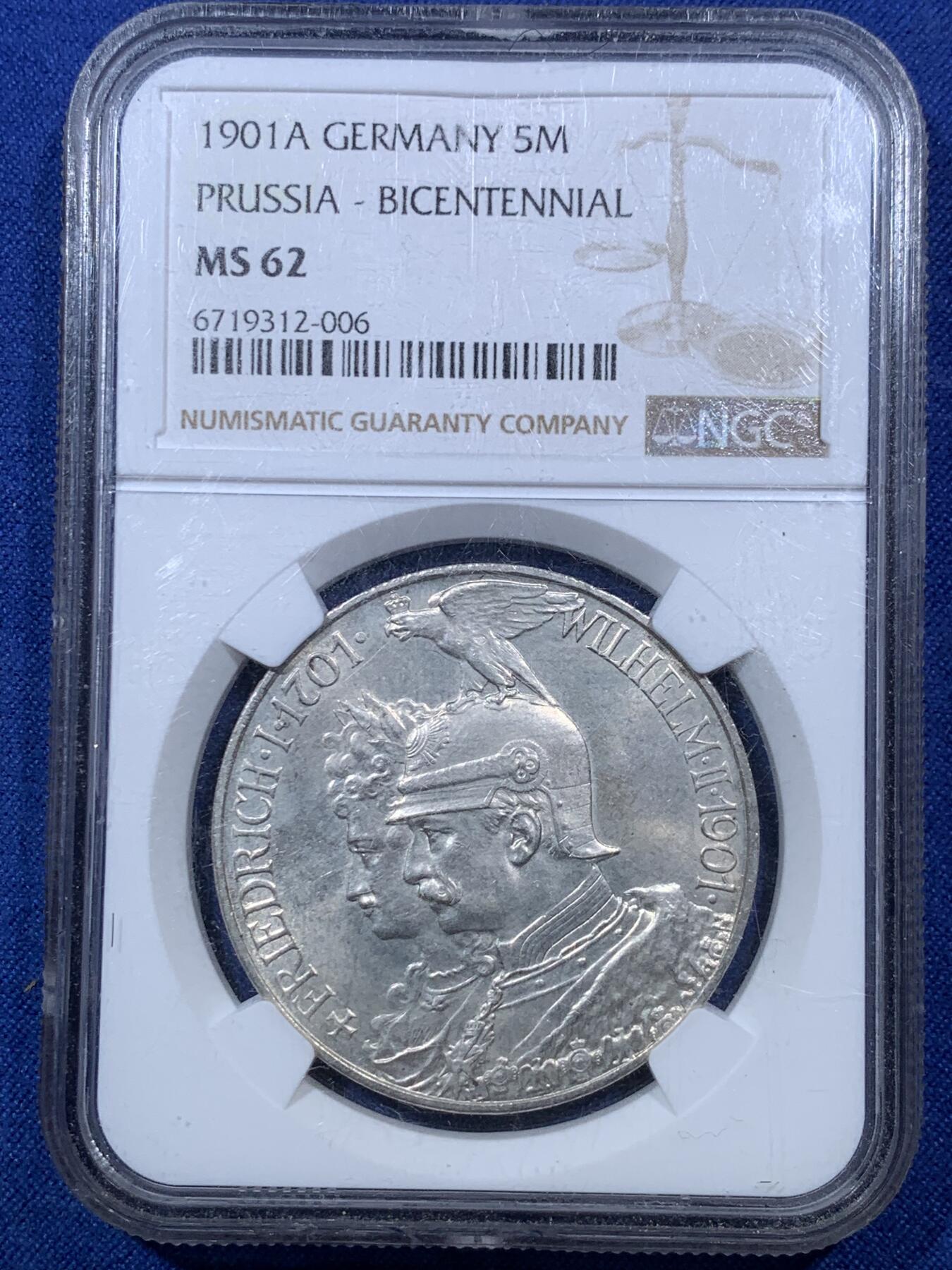 《竞宝斋》第293场- 周日，周一  2场连拍 （全场包邮） NGC MS62 德国1901年普鲁士建国200周年5马克纪念银币 打制精美