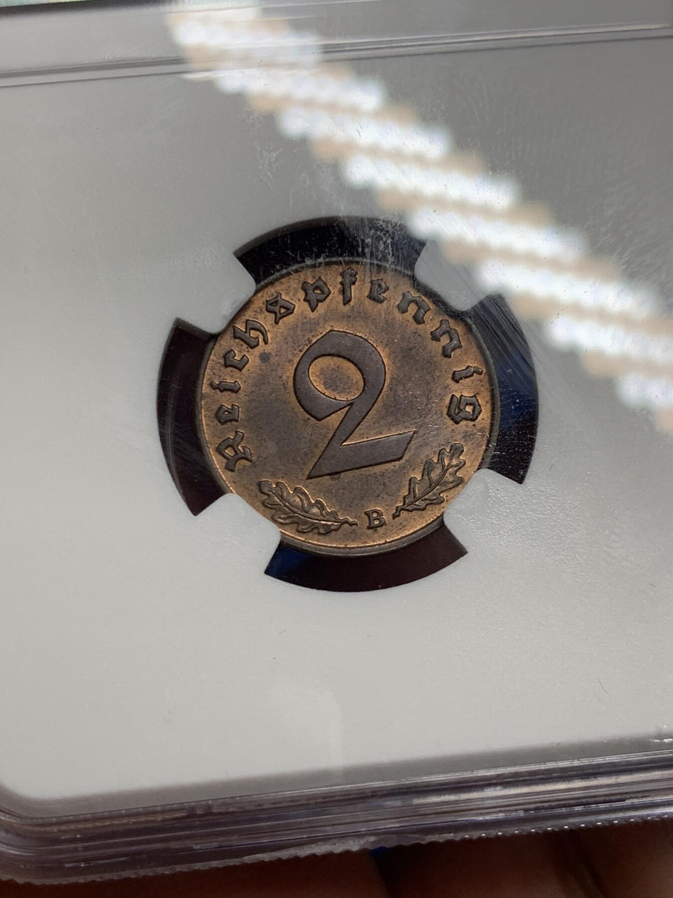 《竞宝斋》第293场- 周日，周一  2场连拍 （全场包邮） NGC MS63RB 1939B德国2芬尼铜币