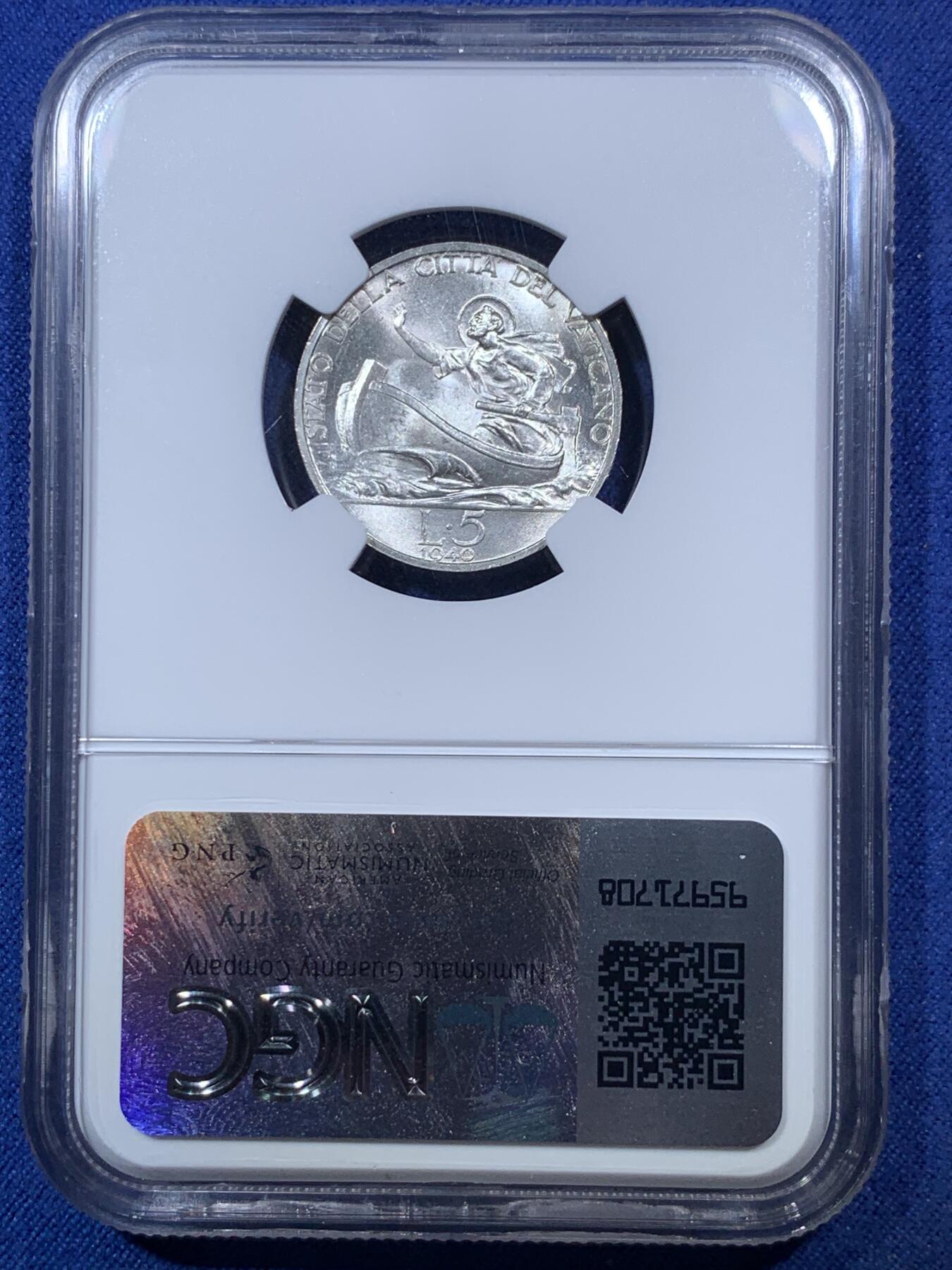 《竞宝斋》第293场- 周日，周一  2场连拍 （全场包邮） NGC MS63 梵蒂冈1940年5里拉划船银币 好品相