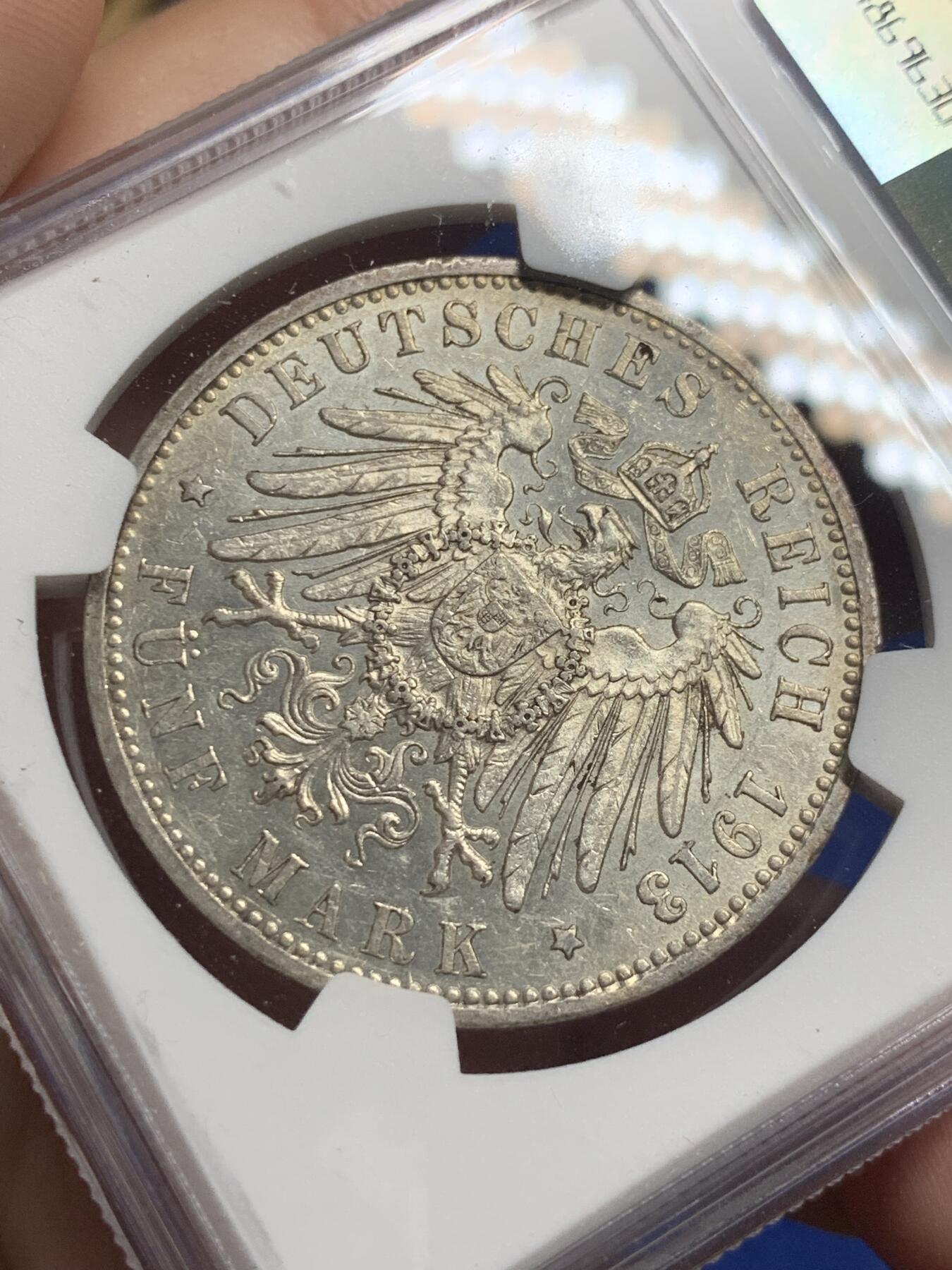 《竞宝斋》第293场- 周日，周一  2场连拍 （全场包邮） NGC AU58 德国1913J汉堡双狮5马克银币