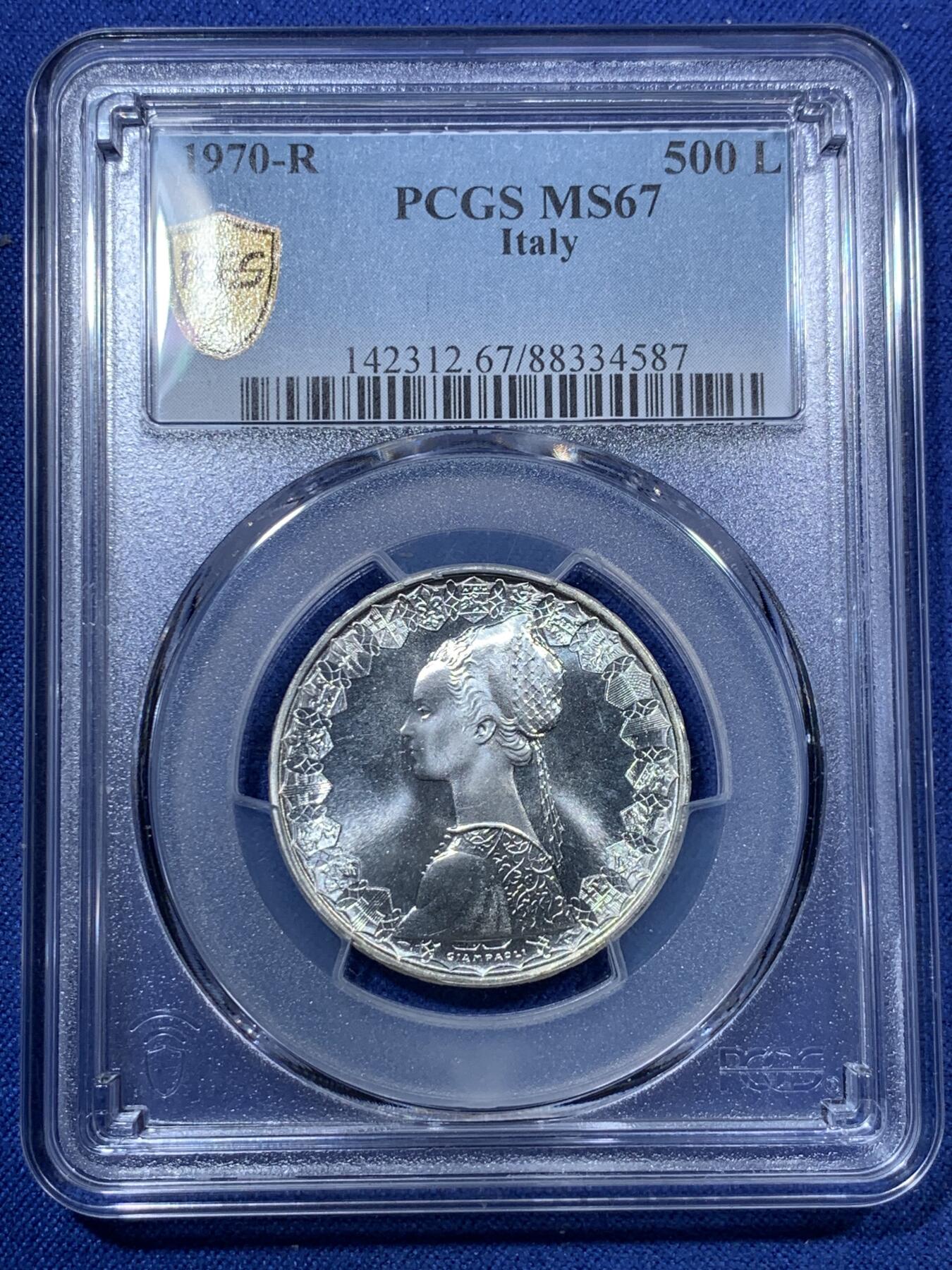 《竞宝斋》第293场- 周日，周一  2场连拍 （全场包邮） PCGS MS67  意大利 1970R 500里拉 美女船银币 光度不错 丝绸底板