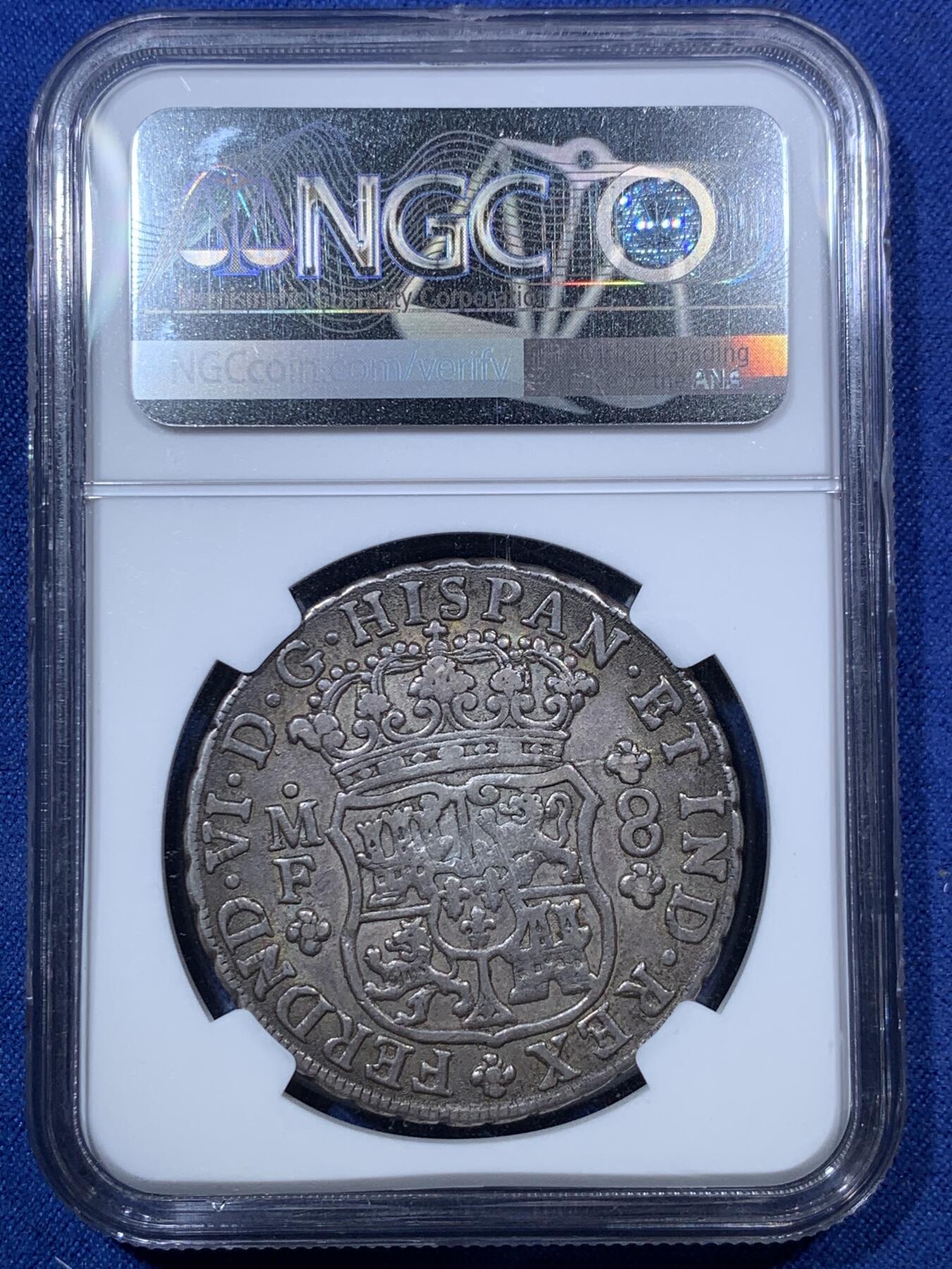 《竞宝斋》第293场- 周日，周一  2场连拍 （全场包邮） NGC XF40 墨西哥1747年费迪南六世地球双柱8里亚尔银币 双面细节清晰，比很多高分币状态还好，可重评