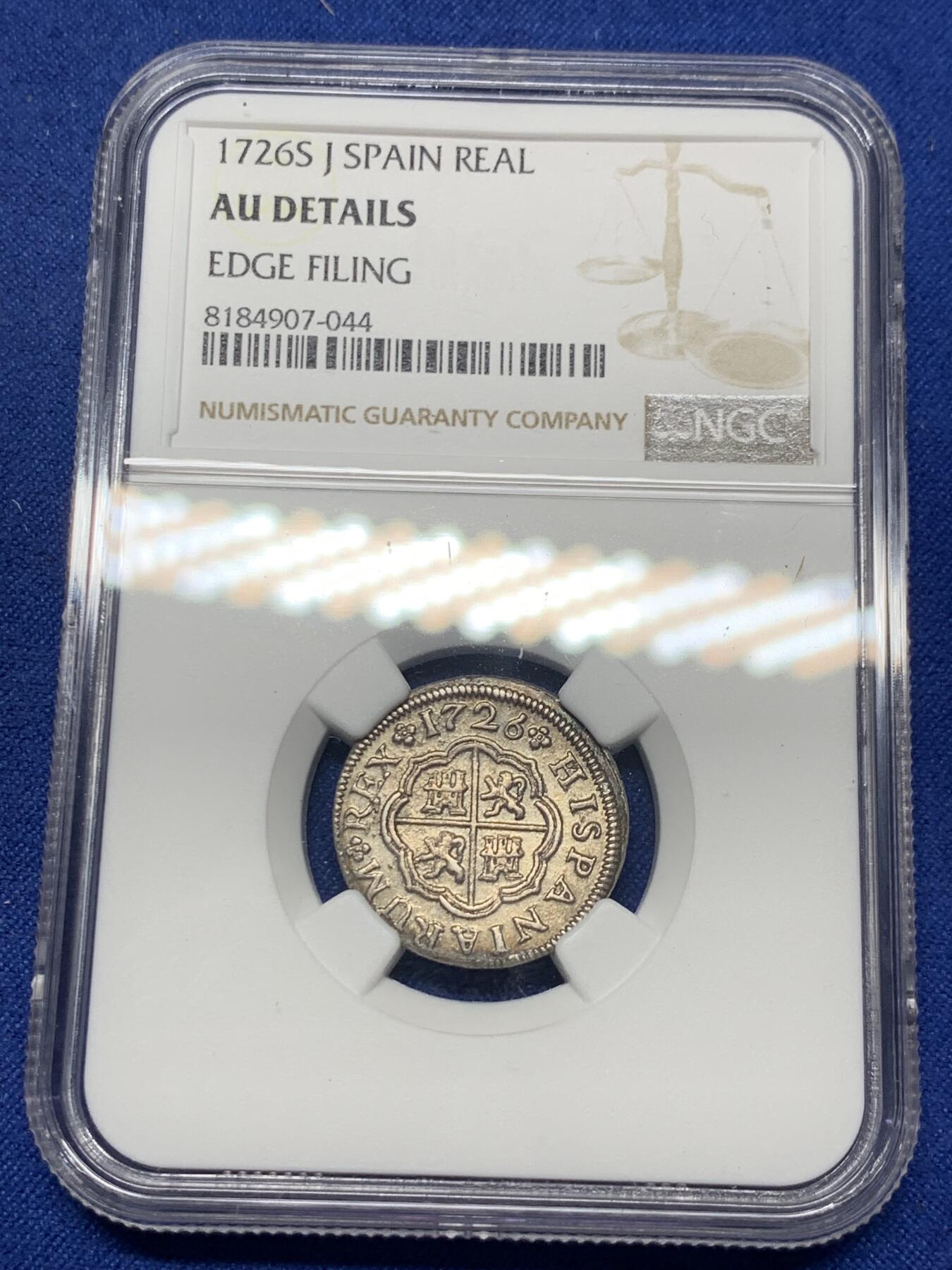 《竞宝斋》第293场- 周日，周一  2场连拍 （全场包邮） NGC AUD 西班牙1726S腓力五世1里亚尔银币 本土十字 少见品种