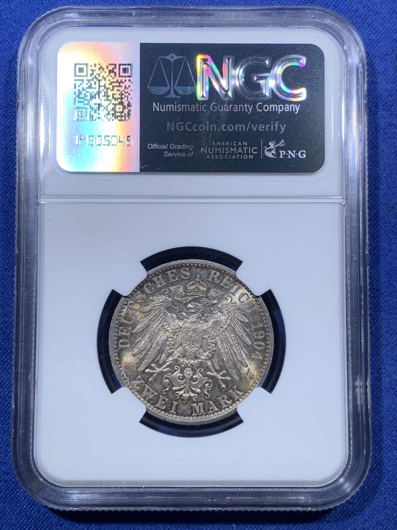 《竞宝斋》第293场- 周日，周一  2场连拍 （全场包邮） NGC MS65 德国 1904年 黑森达姆施塔特2马克银币