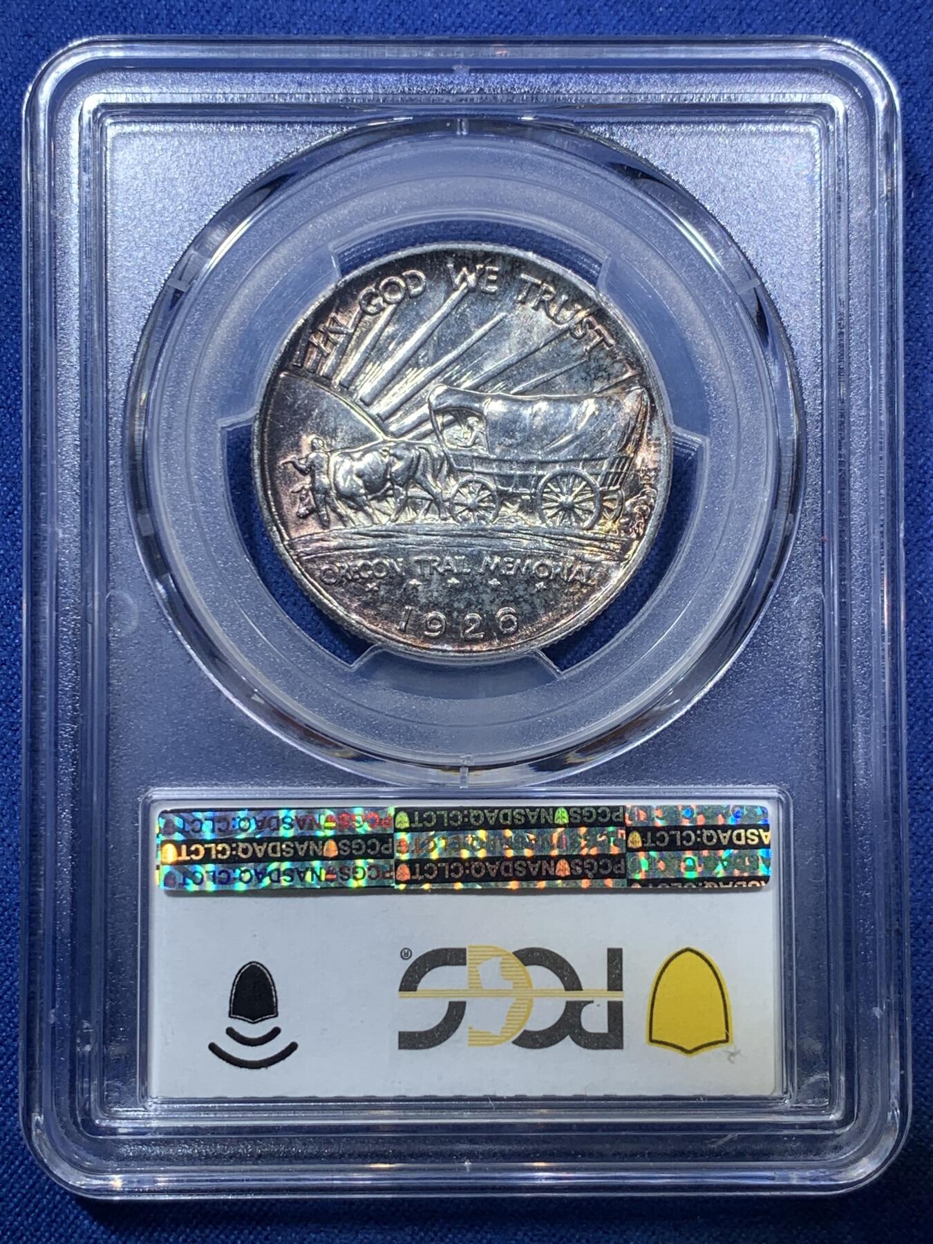 《竞宝斋》第293场- 周日，周一  2场连拍 （全场包邮） PCGS MS64 美国 1926年 俄勒冈小道半美元银币 正面印第安人 背面大篷车 这枚镜面+五彩包浆+CAC标 媲美更高分