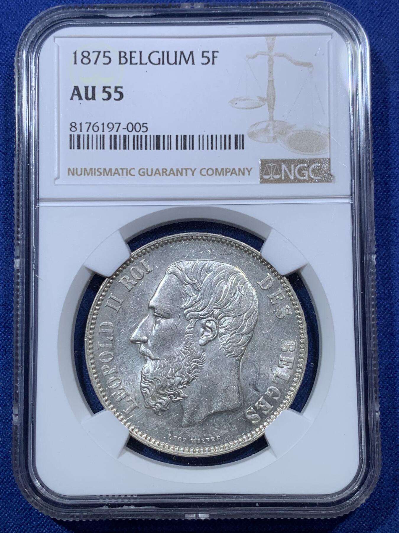 《竞宝斋》第293场- 周日，周一  2场连拍 （全场包邮） NGC AU55  比利时1875年利奥波德二世5法郎银币 高点细节光感都不错
