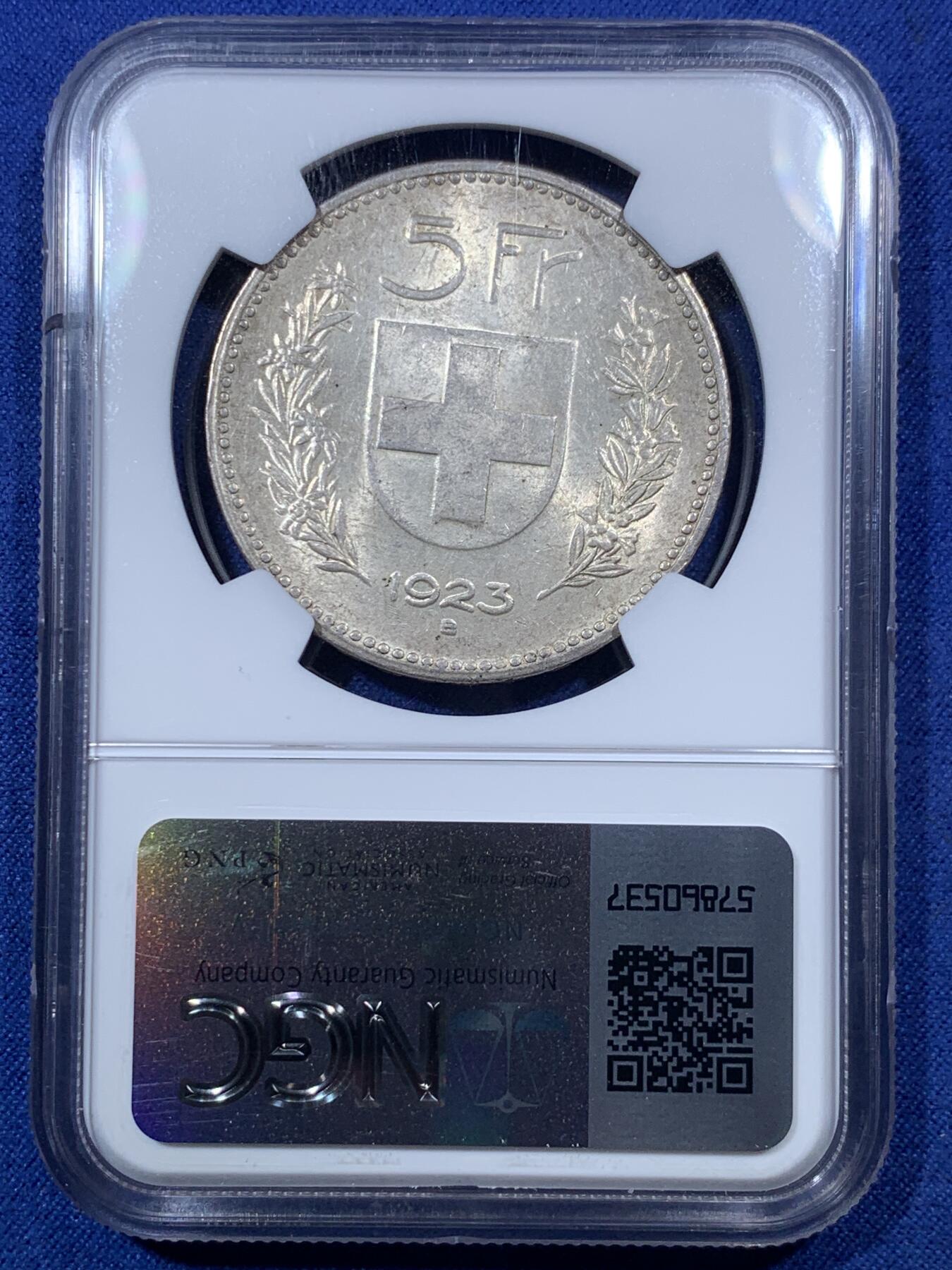 《竞宝斋》第293场- 周日，周一  2场连拍 （全场包邮） NGC MS62 瑞士 1923年 威廉泰尔 5法郎 大银币