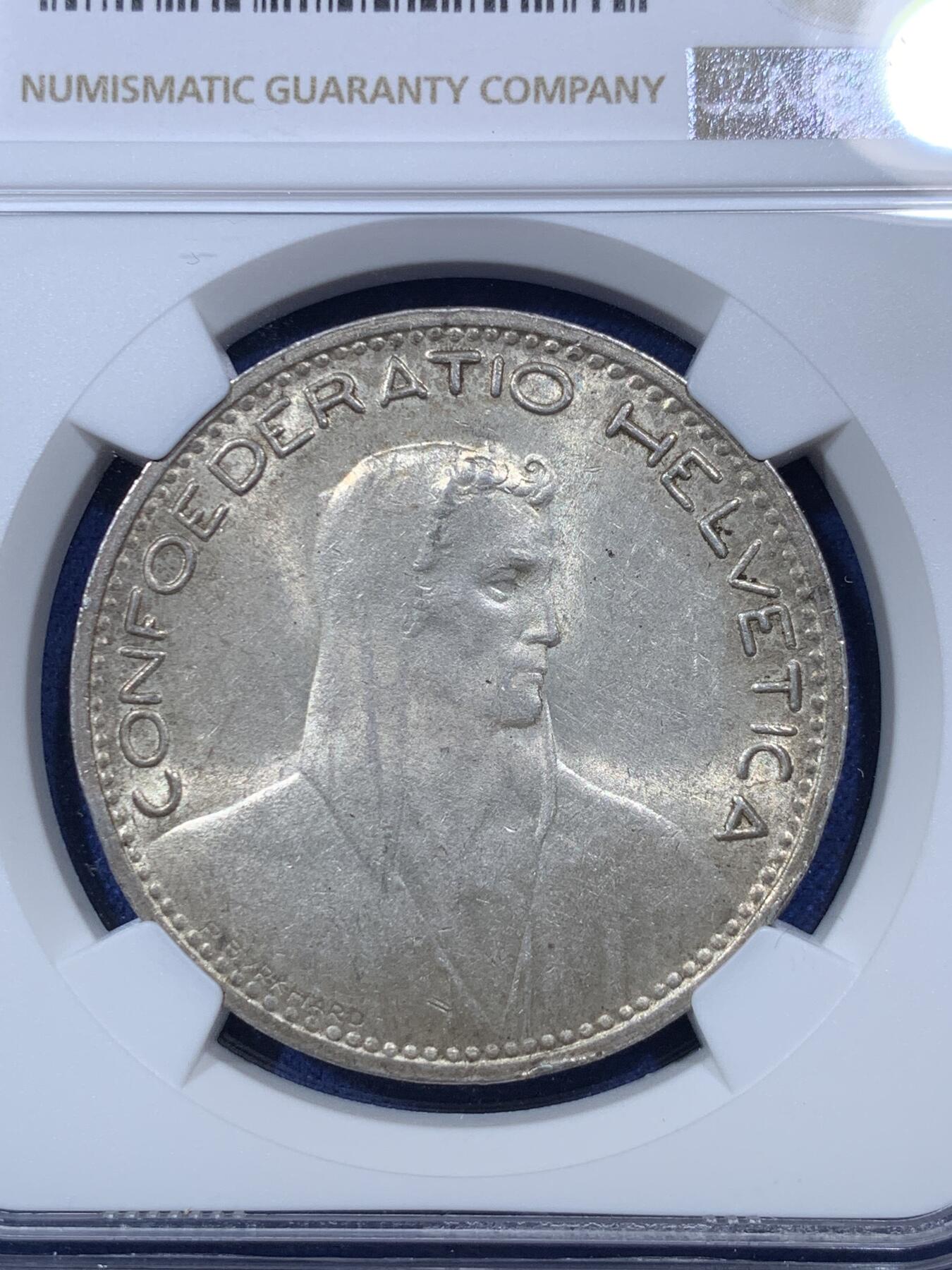 《竞宝斋》第293场- 周日，周一  2场连拍 （全场包邮） NGC MS62 瑞士 1923年 威廉泰尔 5法郎 大银币