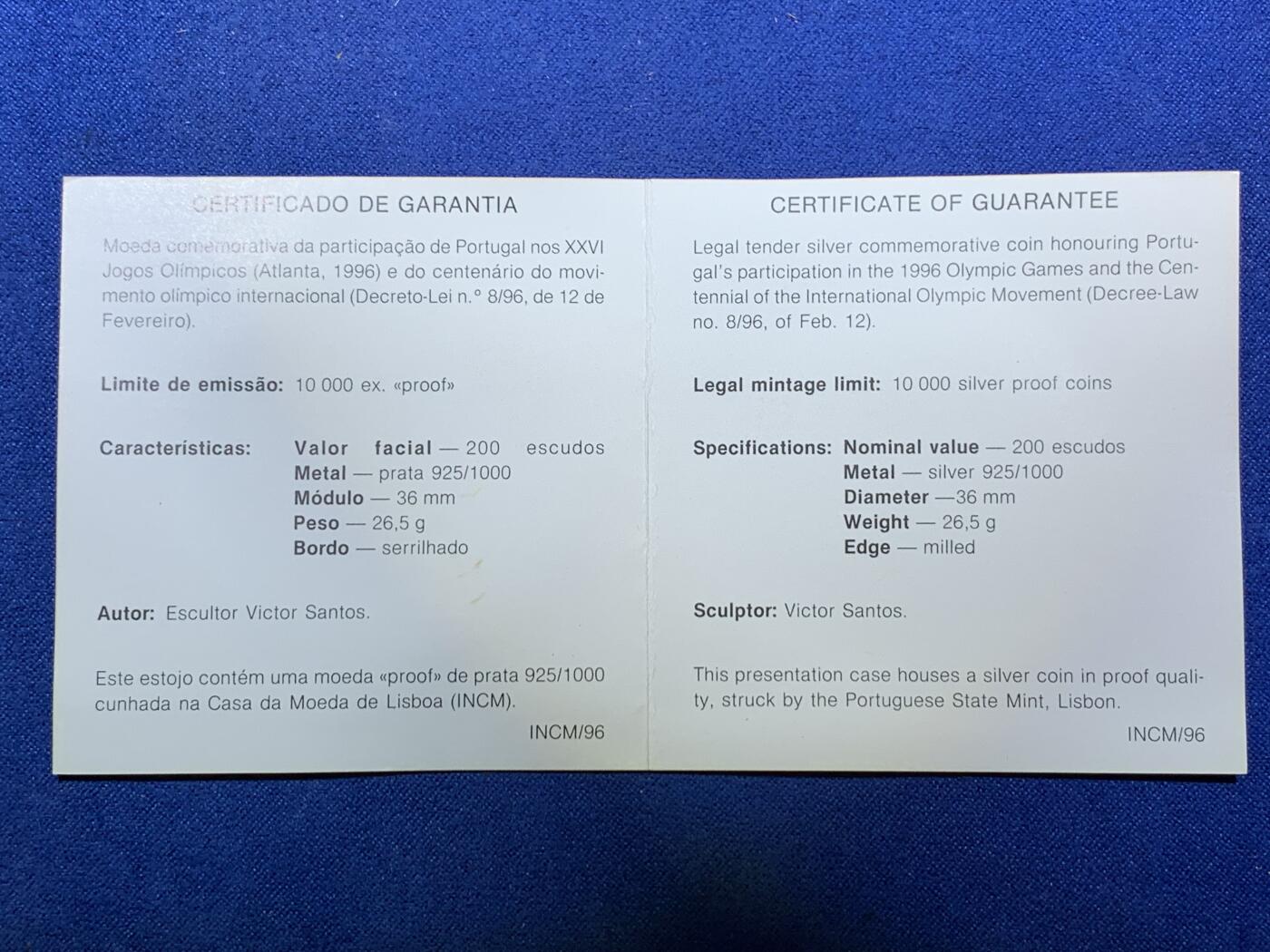 《竞宝斋》第293场- 周日，周一  2场连拍 （全场包邮） 1996年葡萄牙200埃斯库多 纪念奥运会100周年女子跳高银币 原盒证