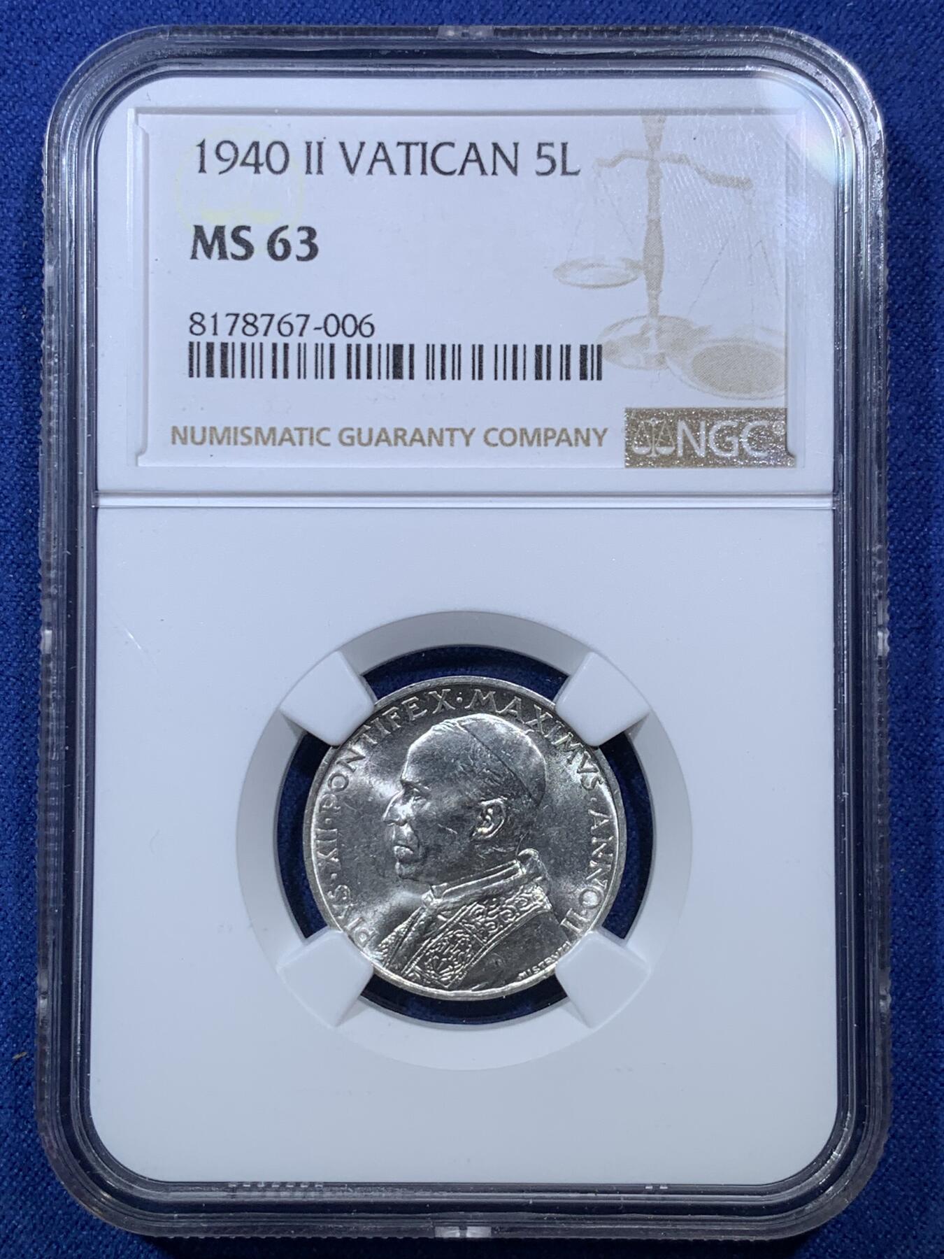 《竞宝斋》第293场- 周日，周一  2场连拍 （全场包邮） NGC MS63 梵蒂冈1940年5里拉划船银币 好品相