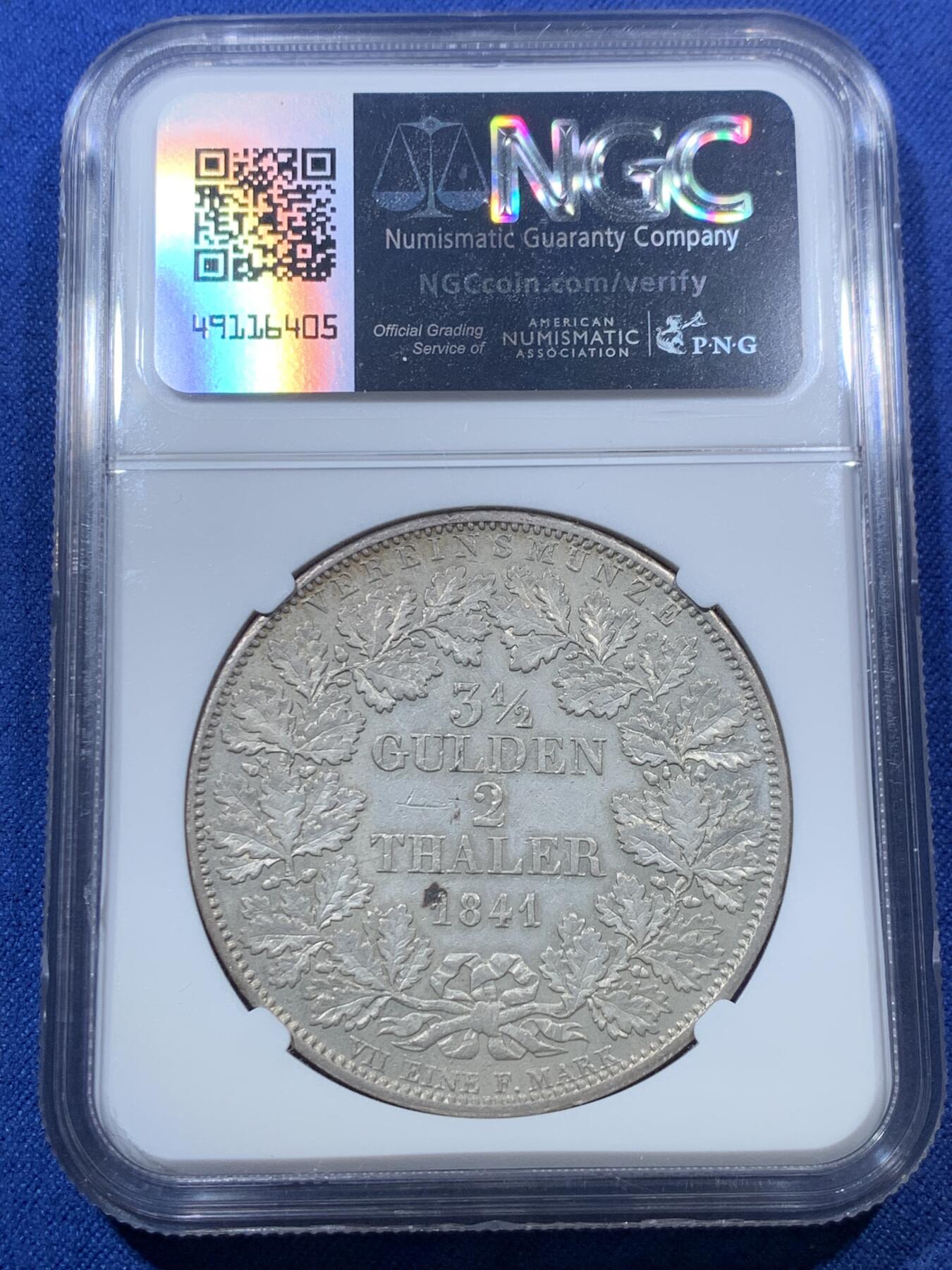 《竞宝斋》第293场- 周日，周一  2场连拍 （全场包邮） NGC AU50 德国 1841 巴登 利奥波德一世 2泰勒37克大银币 极少见头像 2泰勒更难得