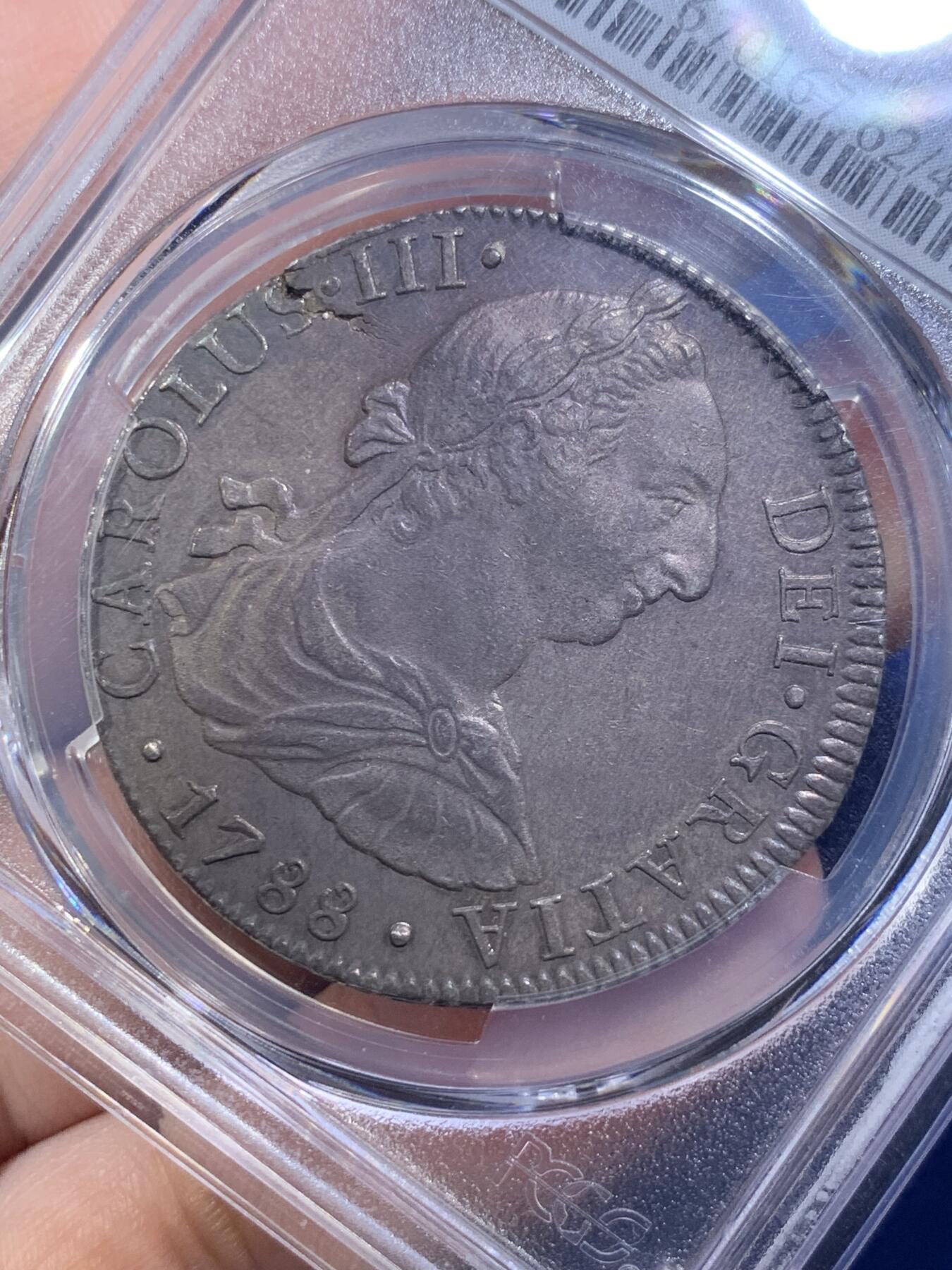 《竞宝斋》第293场- 周日，周一  2场连拍 （全场包邮） PCGS MS62 墨西哥1788年MoFM卡三8里亚尔银币 黑美人 亚军分 上面只有1枚