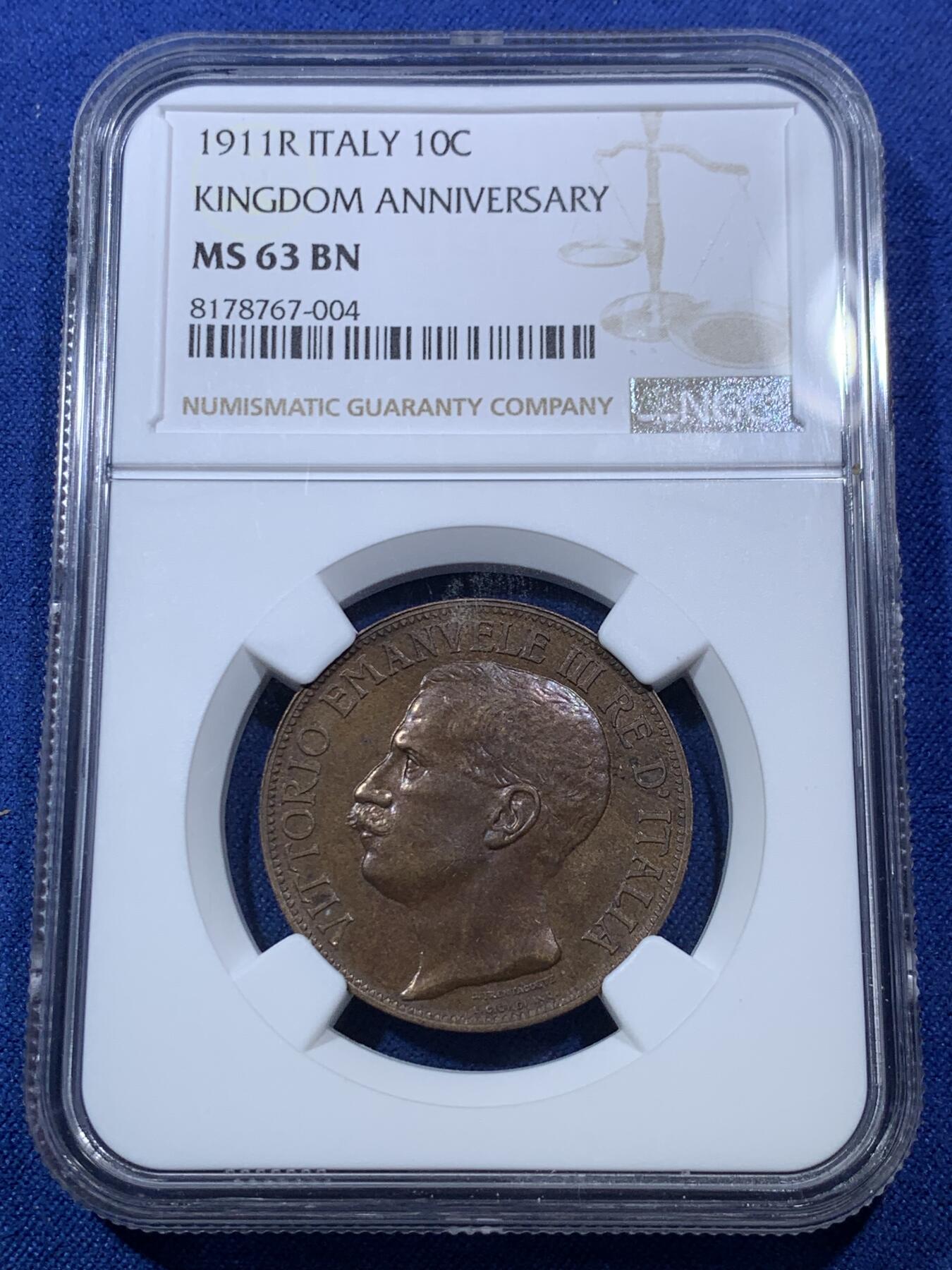 《竞宝斋》第293场- 周日，周一  2场连拍 （全场包邮） NGC MS63BN 意大利1911年10分托奶铜币 正面带点五彩的