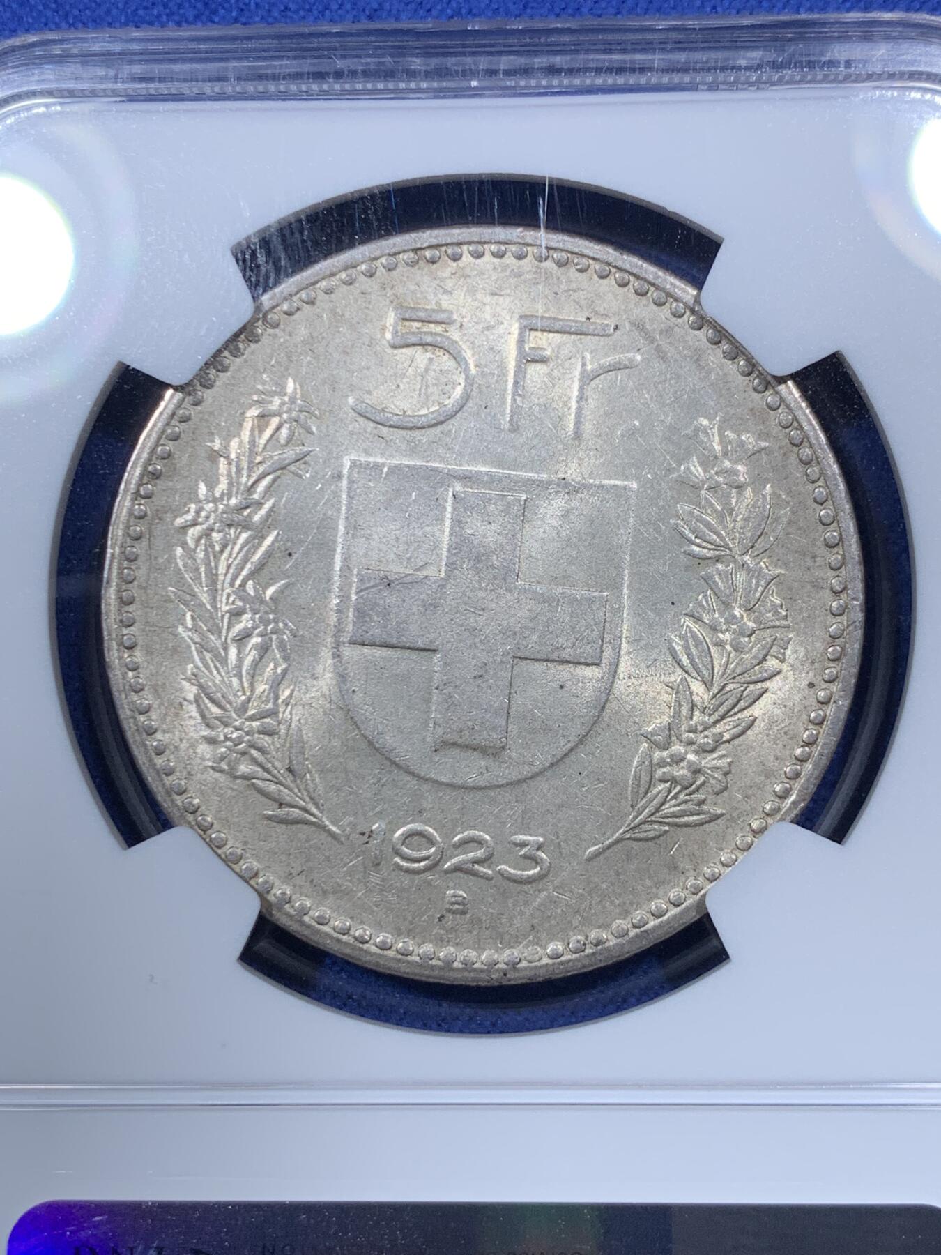 《竞宝斋》第293场- 周日，周一  2场连拍 （全场包邮） NGC MS62 瑞士 1923年 威廉泰尔 5法郎 大银币