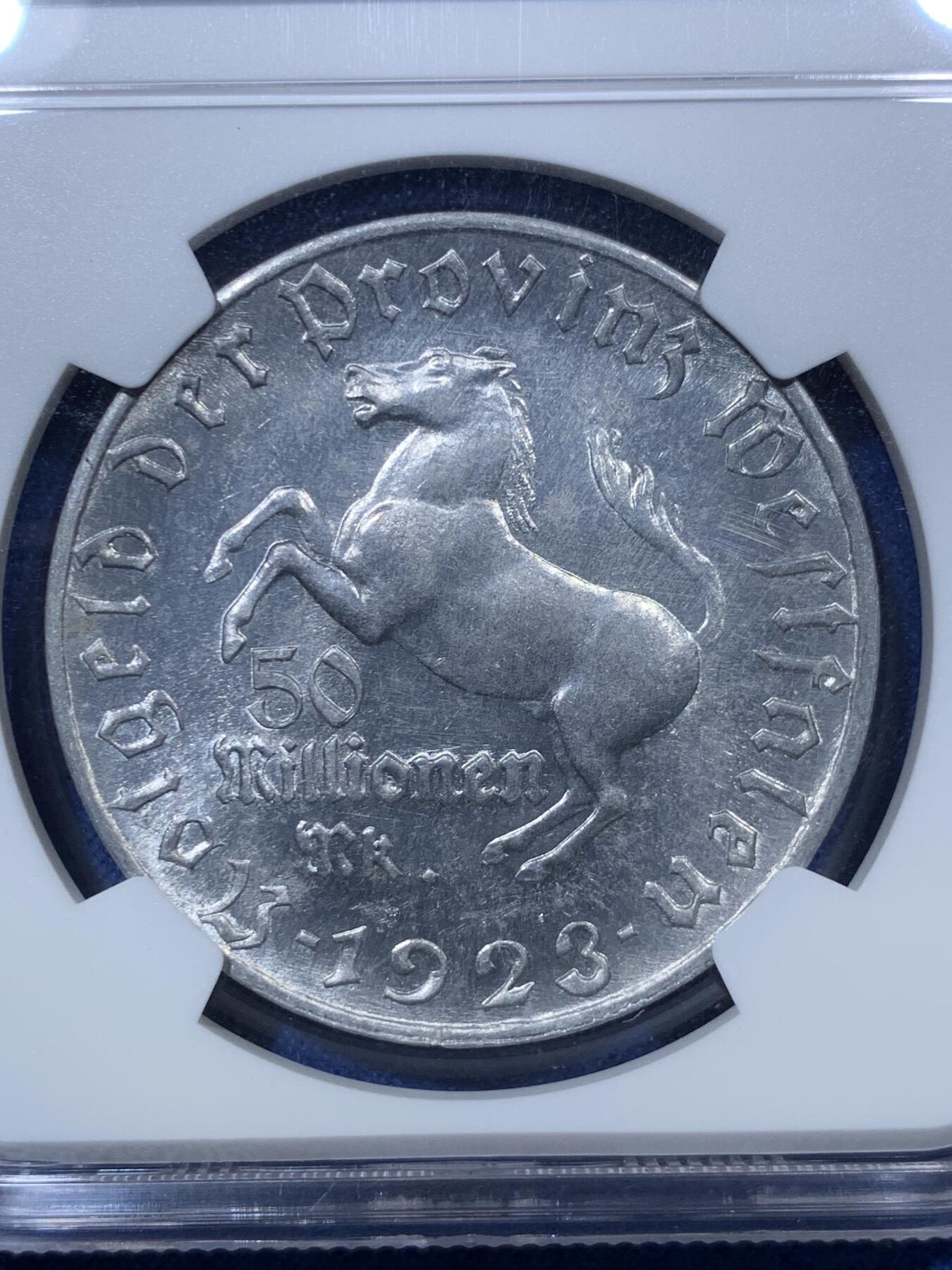 《竞宝斋》第293场- 周日，周一  2场连拍 （全场包邮） NGC MS62 德国威斯特伐利亚1923年5千万马克铝币 大马币