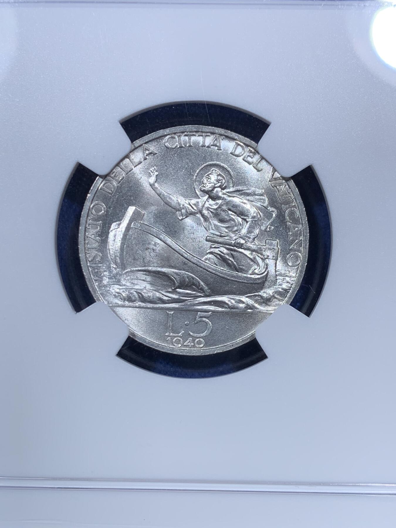 《竞宝斋》第293场- 周日，周一  2场连拍 （全场包邮） NGC MS63 梵蒂冈1940年5里拉划船银币 好品相