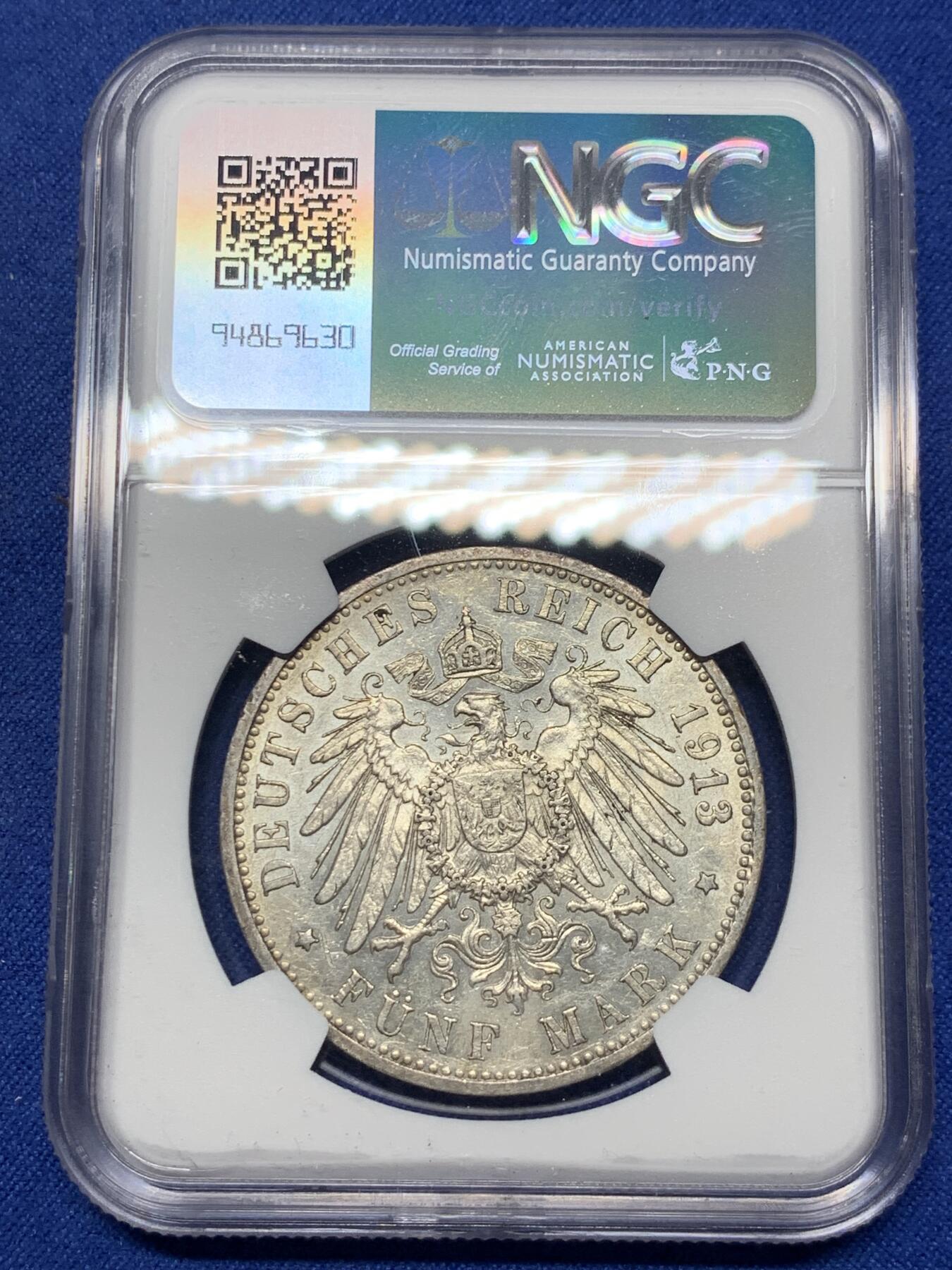 《竞宝斋》第293场- 周日，周一  2场连拍 （全场包邮） NGC AU58 德国1913J汉堡双狮5马克银币