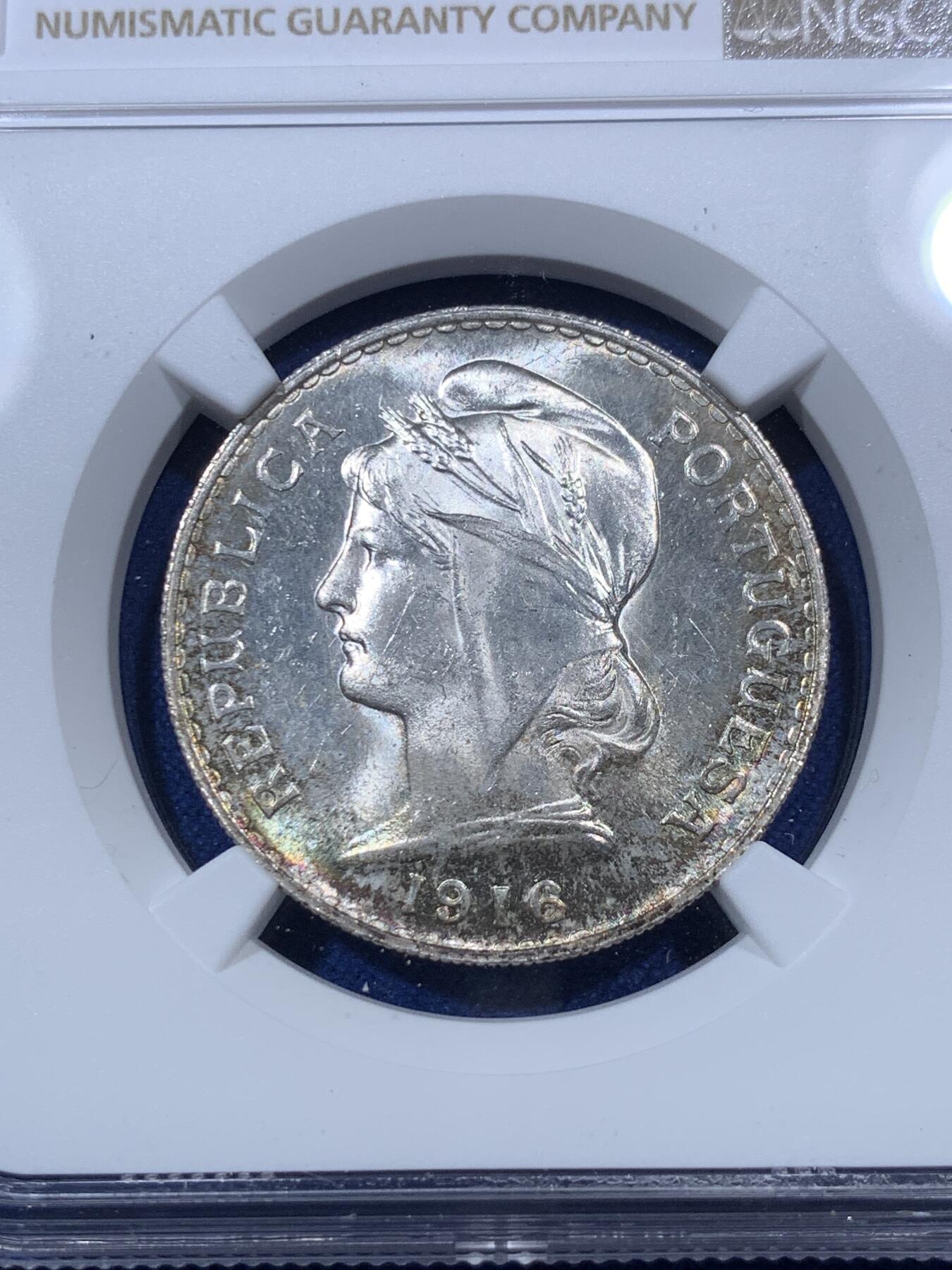 《竞宝斋》第293场- 周日，周一  2场连拍 （全场包邮） NGC MS63 葡萄牙1916年自由女神半圆50分银币