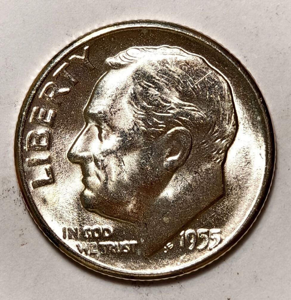 紫瑗钱币——第396期拍卖 美国 1955年 S版 罗斯福 10美分 2.5克 0.9银 BU 可评级