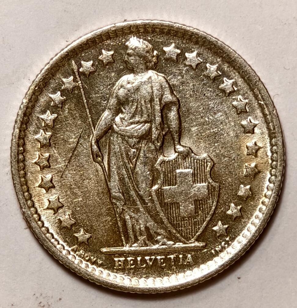 紫瑗钱币——第396期拍卖 瑞士 1959年 B版 赫尔维蒂女神 1/2法郎 2.5克 0.835银 UNC