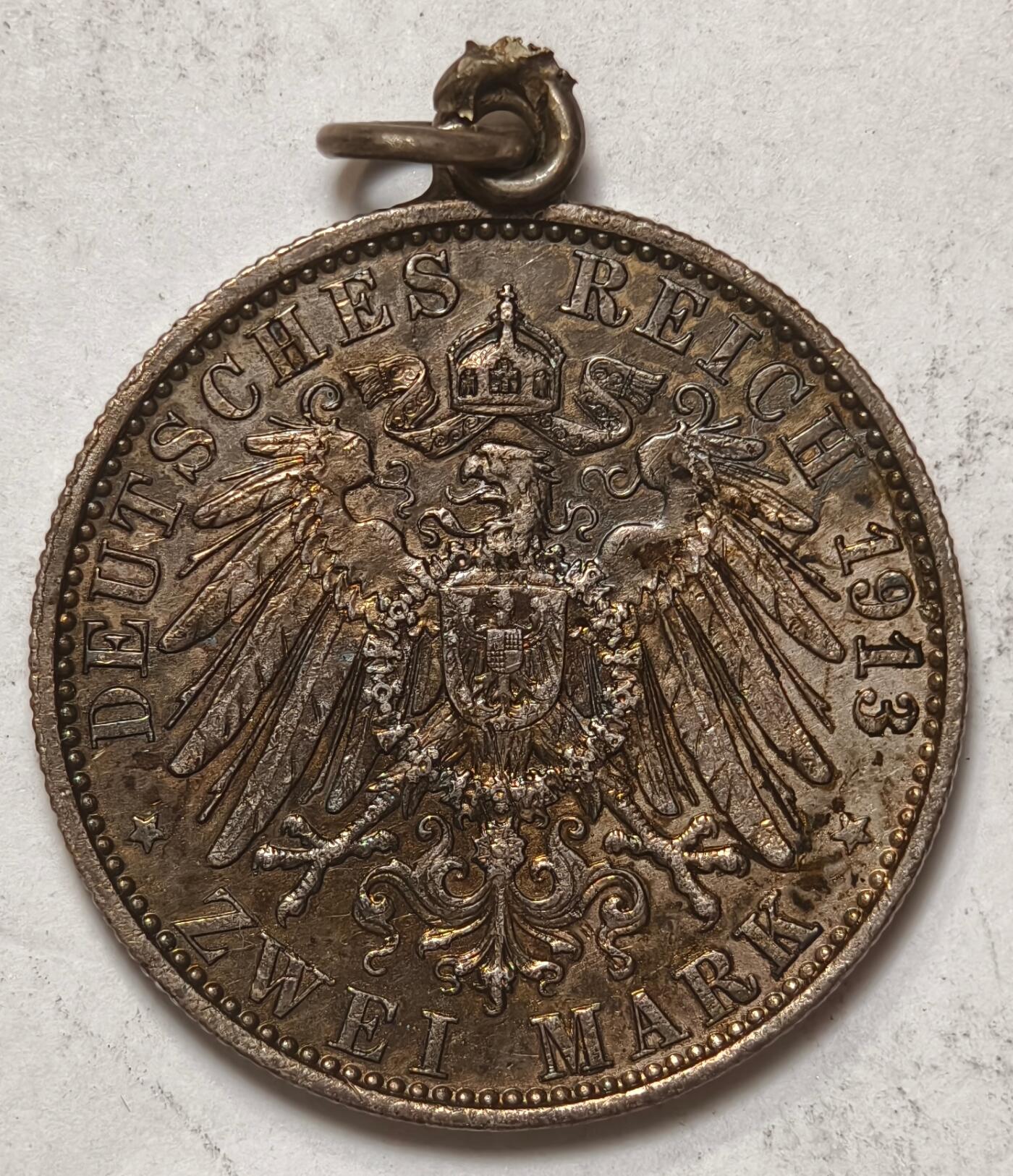 紫瑗钱币——第396期拍卖 德国 普鲁士 1913年 A版 威廉二世军装版 长翅 3马克 吊坠