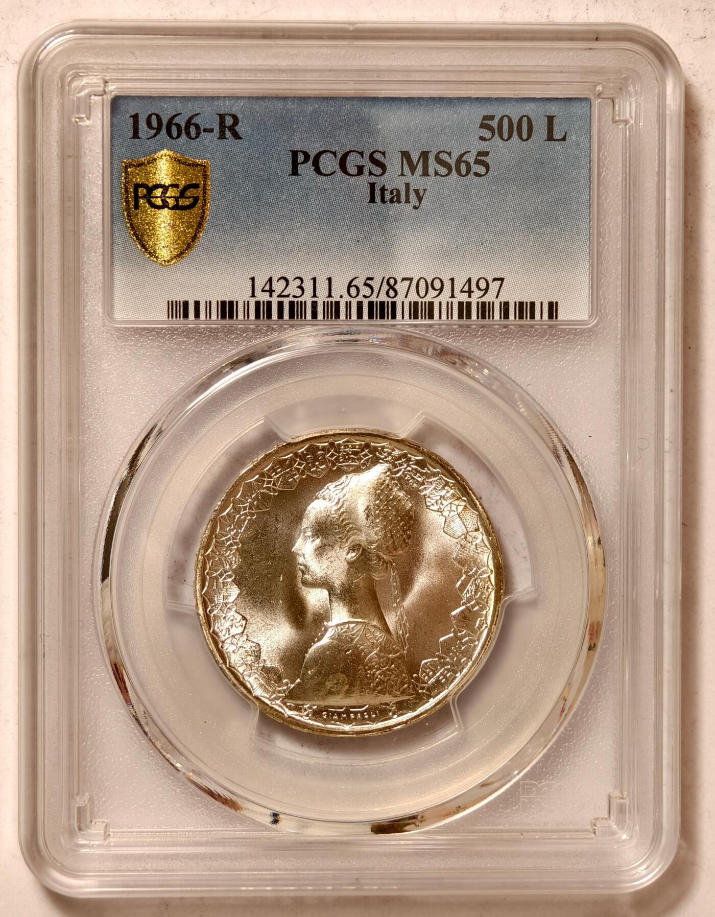 紫瑗钱币——第468期 意大利 1966年 R版 少女与帆船 500里拉 银币 PCGS MS65