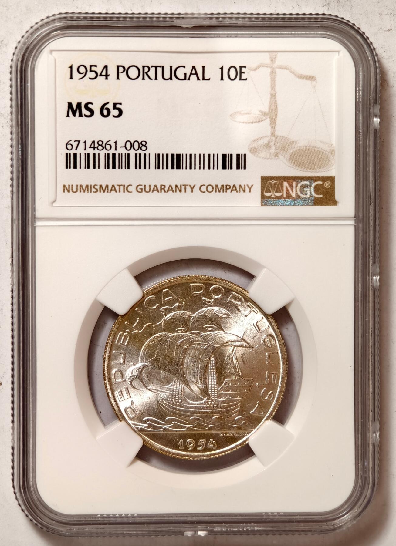 紫瑗钱币——第396期拍卖 葡萄牙 1954年 帆船 10埃斯库多 银币 NGC MS65
