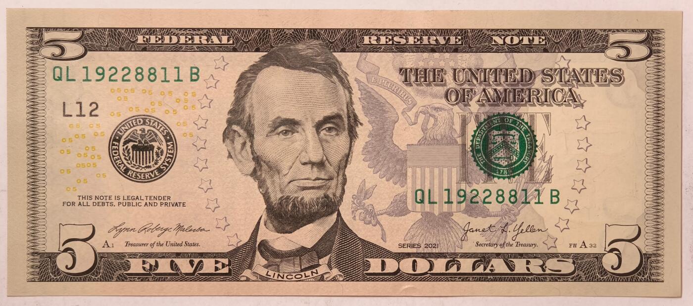 紫瑗钱币——第395期拍卖—— 纸币场 【双尾1】美国 2021年 L版 无序列 亚伯拉罕·林肯 5美元 彩色版 UNC