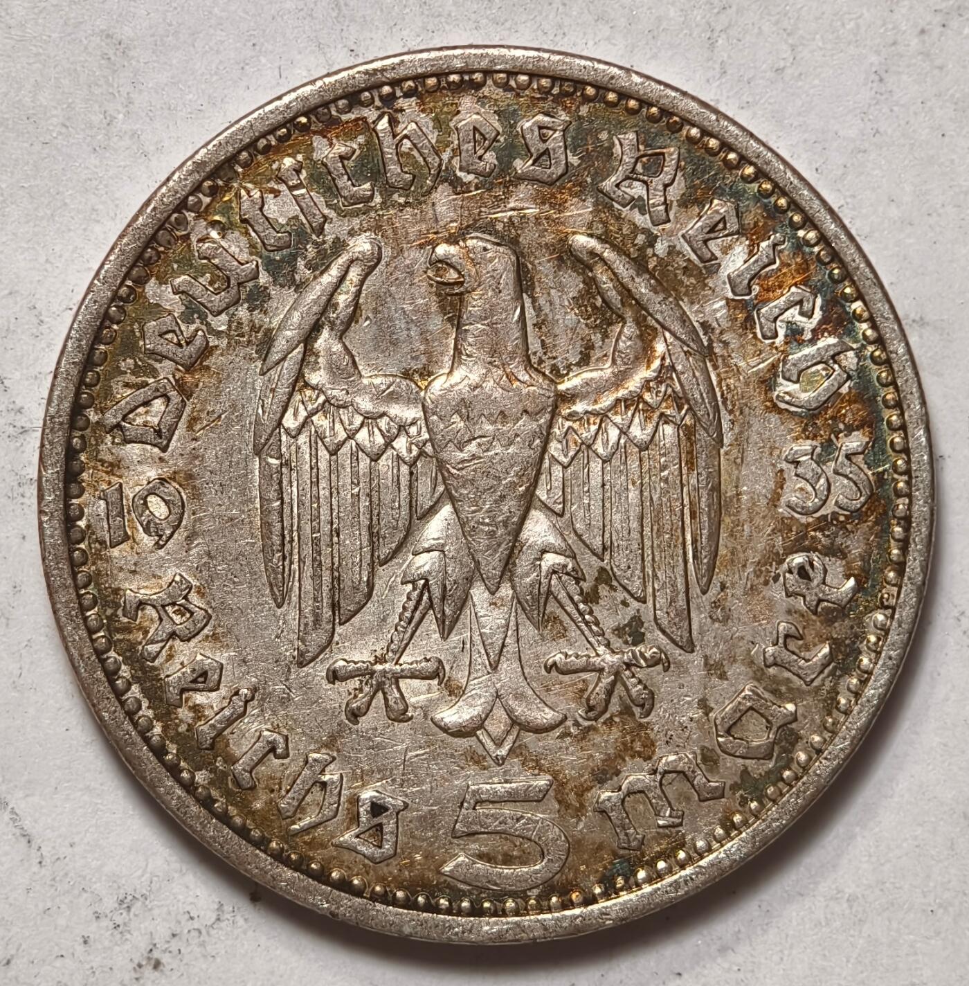 紫瑗钱币——第396期拍卖 德国 1935年 E版 兴登堡 5马克 13.9克 0.9银 五彩包浆