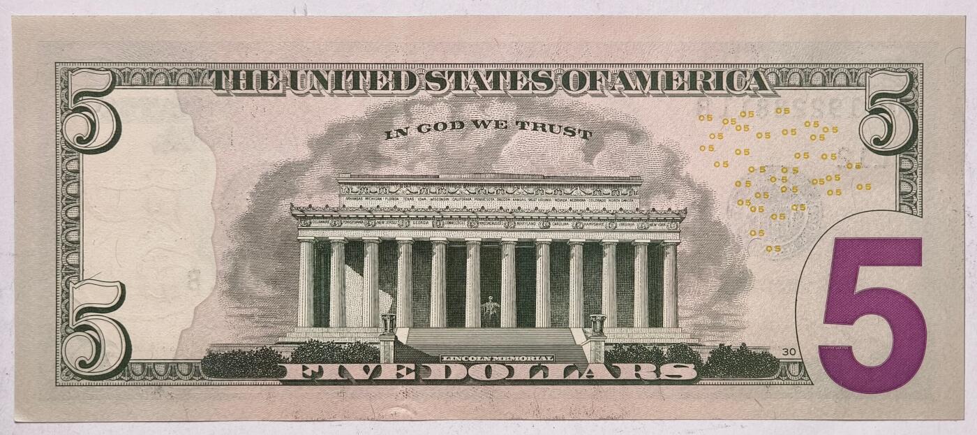 紫瑗钱币——第395期拍卖—— 纸币场 【双尾1】美国 2021年 L版 无序列 亚伯拉罕·林肯 5美元 彩色版 UNC