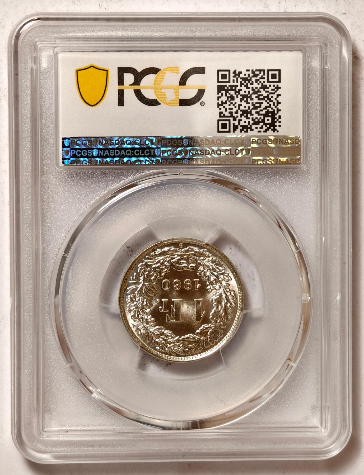 紫瑗钱币——第396期拍卖 瑞士 1960年 B版 赫尔维蒂亚 1法郎 银币 PCGS MS66