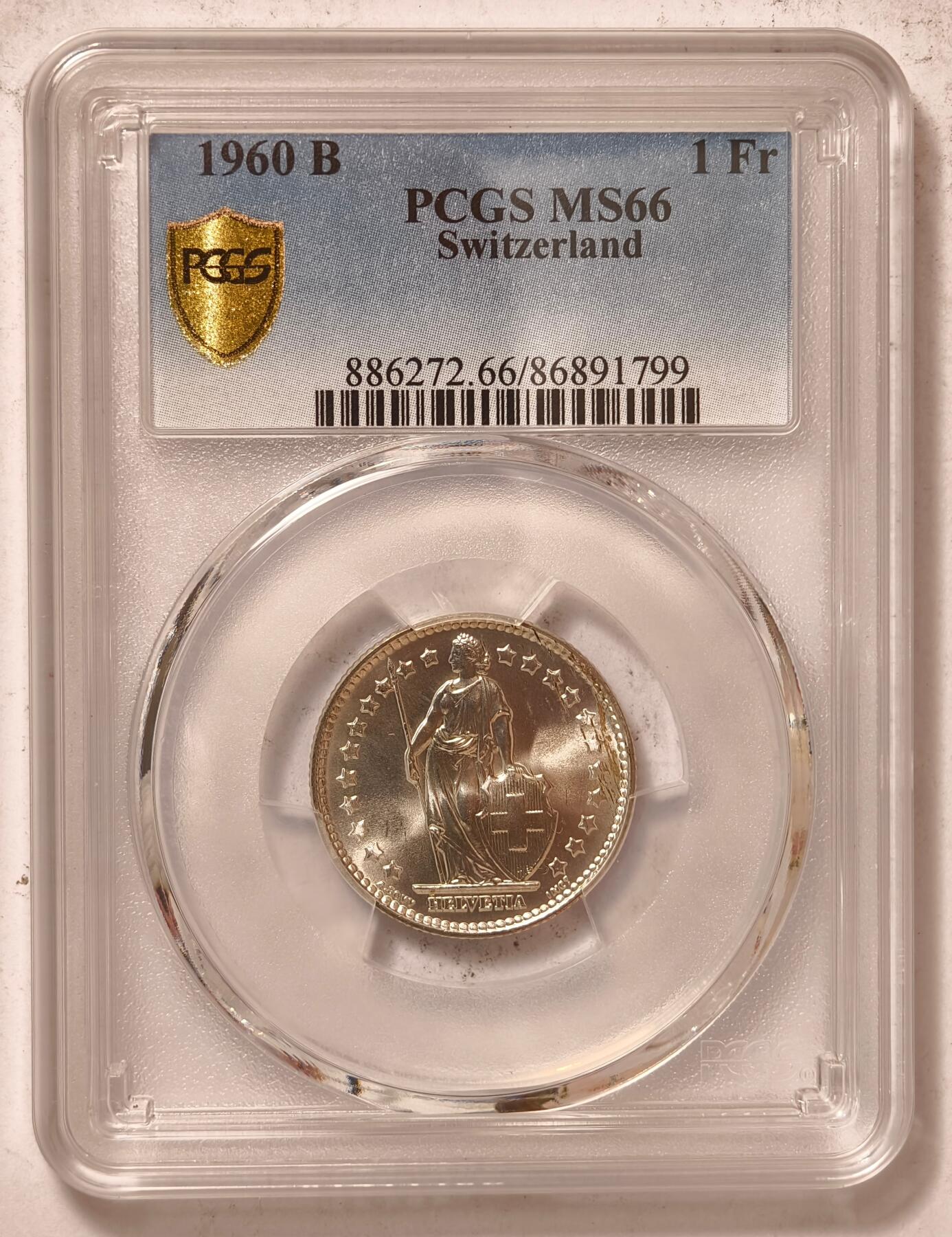 紫瑗钱币——第396期拍卖 瑞士 1960年 B版 赫尔维蒂亚 1法郎 银币 PCGS MS66