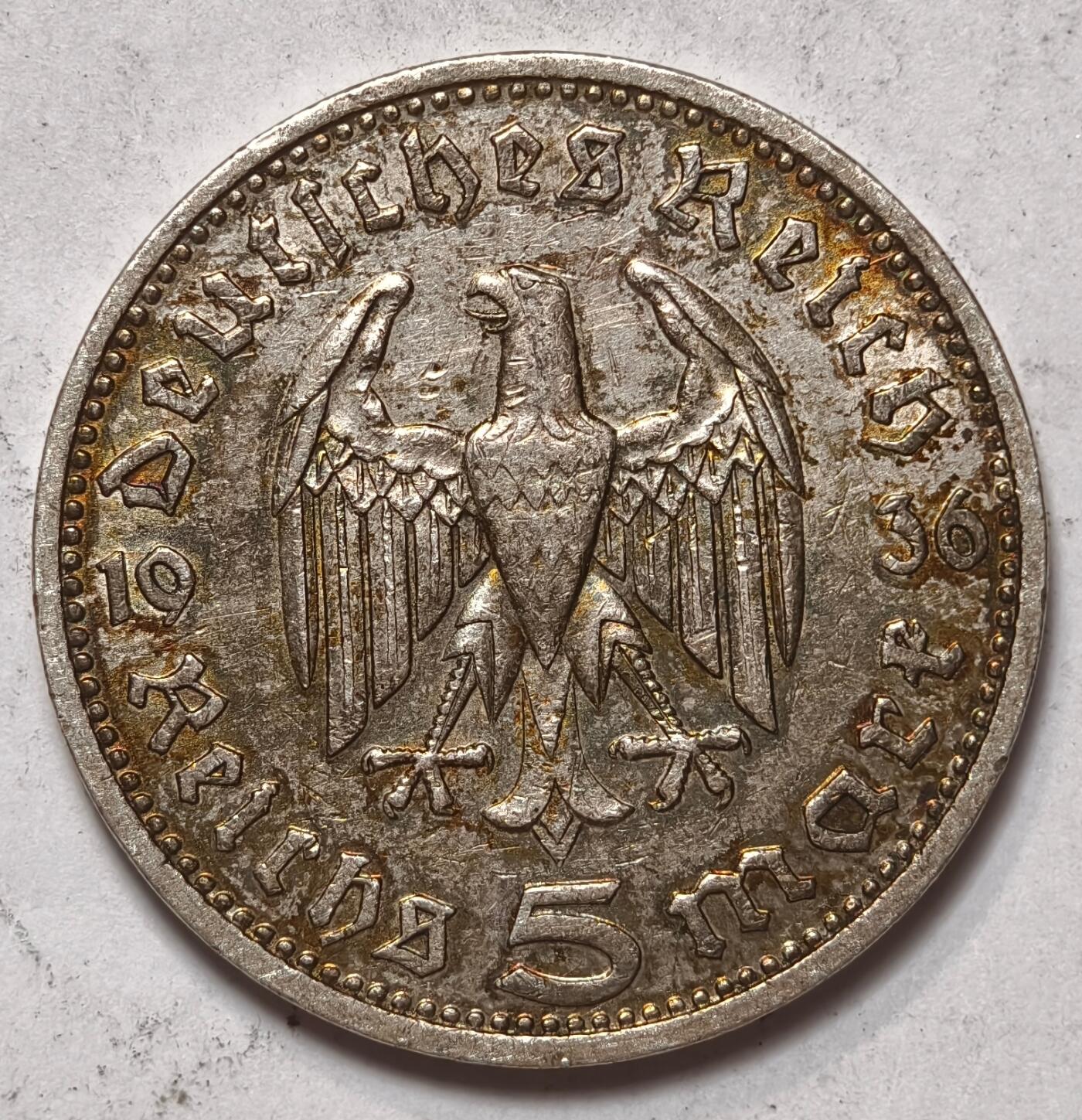 紫瑗钱币——第396期拍卖 德国 1936年 D版 兴登堡 5马克 13.9克 0.9银