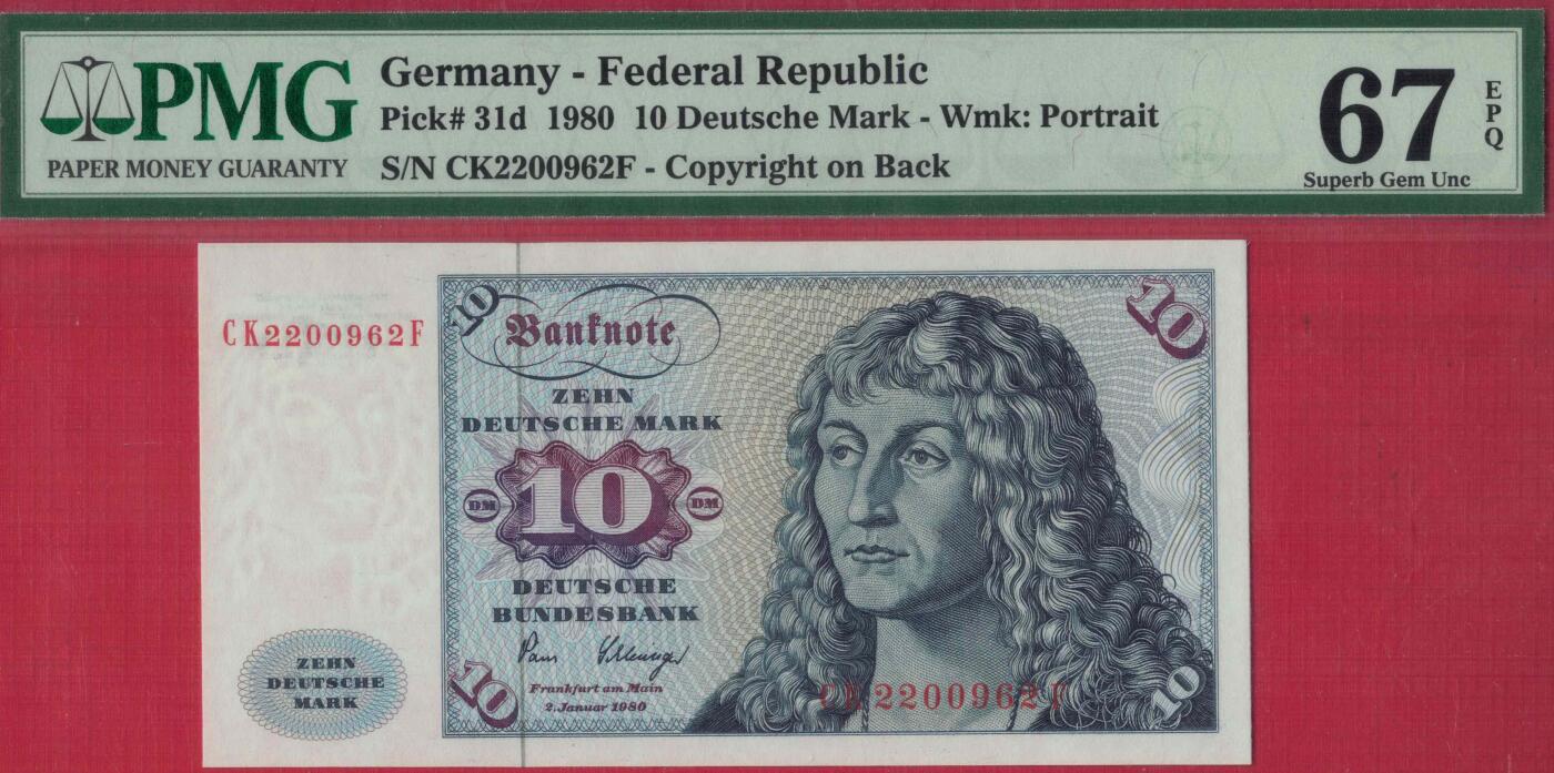 (联邦德国 西德)德国1980年10马克 P-31d 无47 欧洲纸币 实物图 UNC