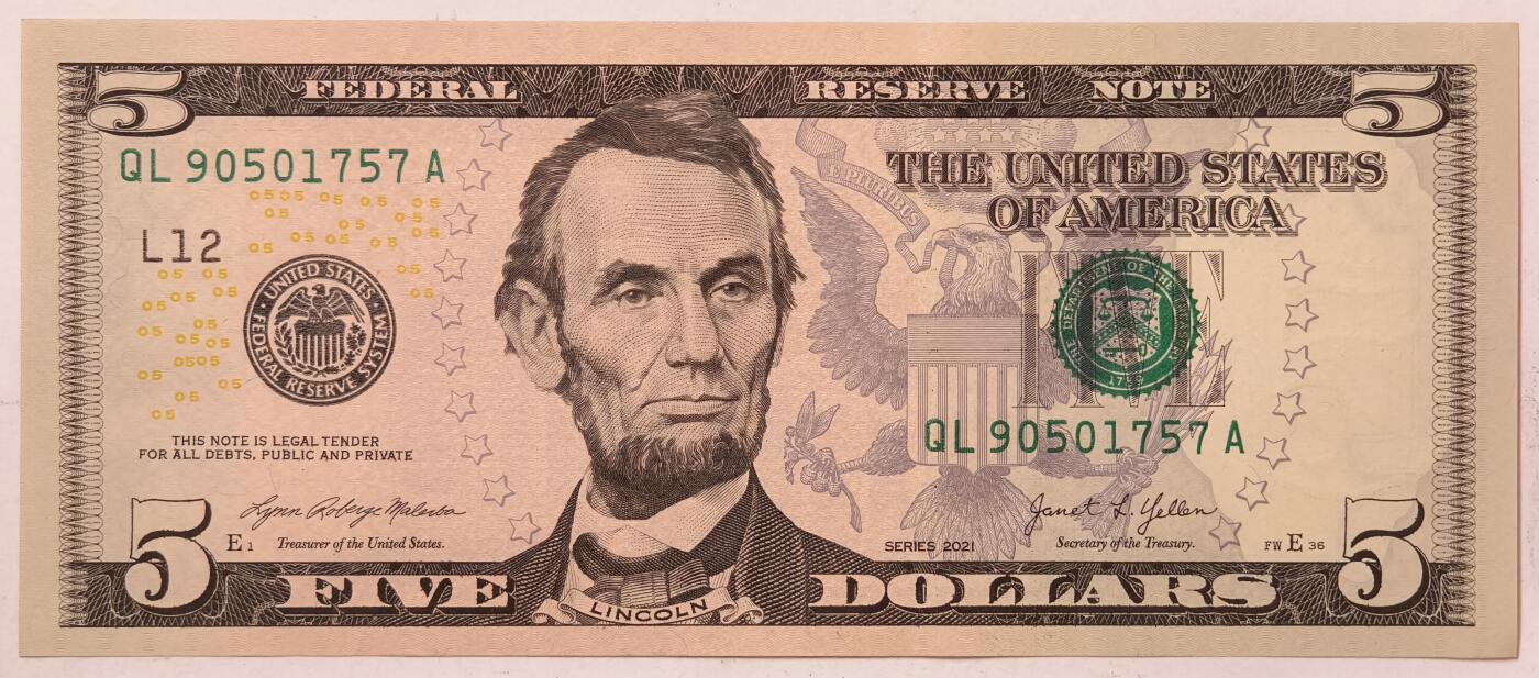 紫瑗钱币——第395期拍卖—— 纸币场 美国 2021年 L版 无序列 亚伯拉罕·林肯 5美元 彩色版 UNC