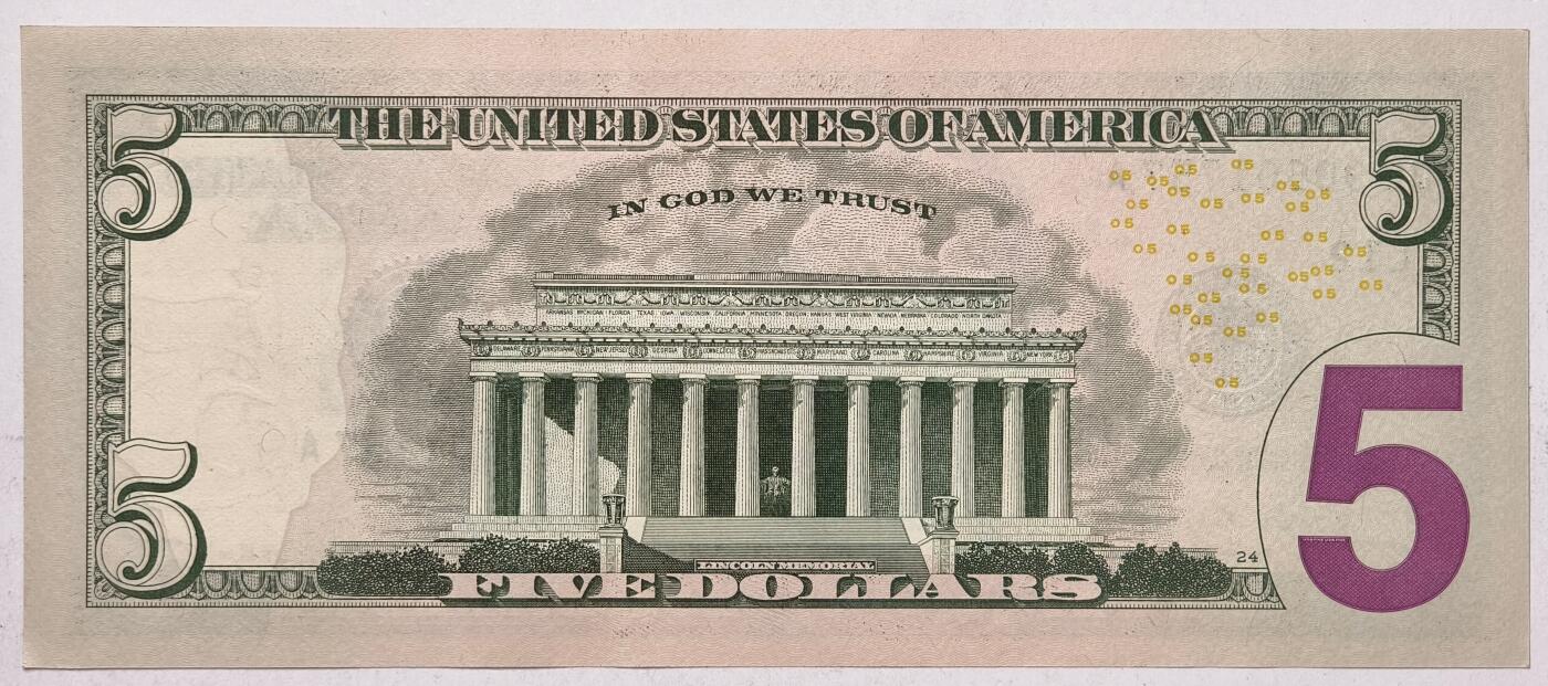 紫瑗钱币——第395期拍卖—— 纸币场 美国 2021年 L版 无序列 亚伯拉罕·林肯 5美元 彩色版 UNC