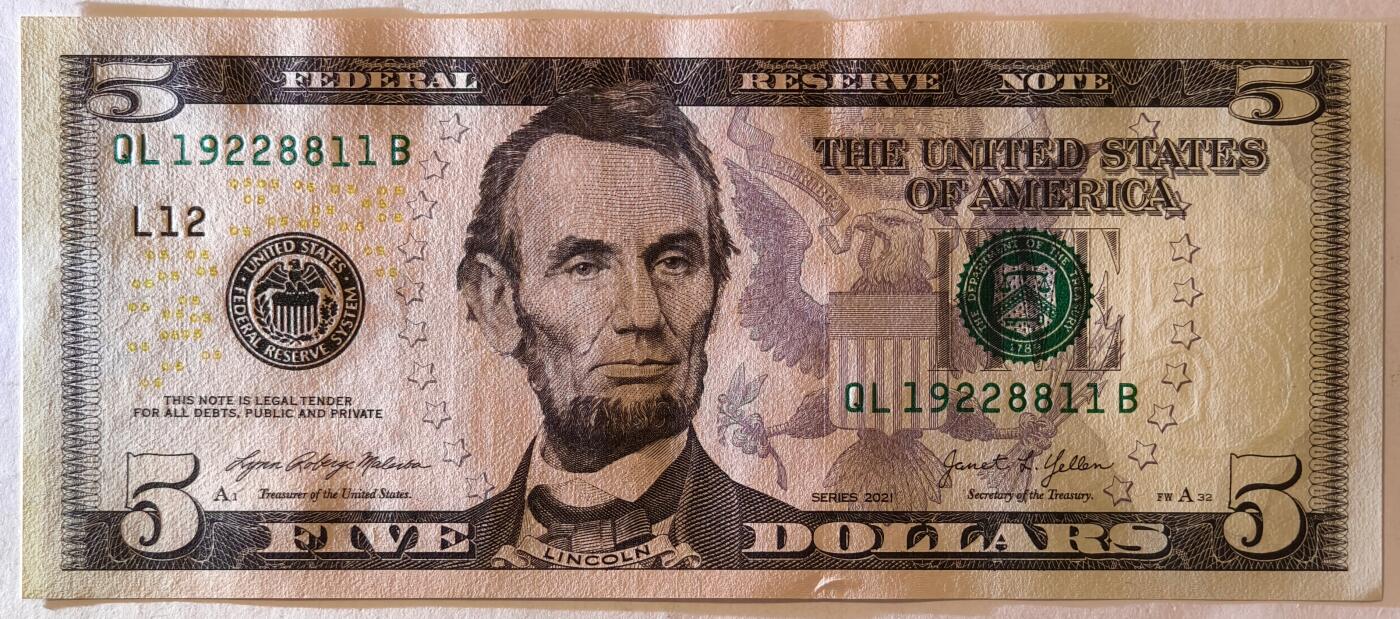 紫瑗钱币——第395期拍卖—— 纸币场 【双尾1】美国 2021年 L版 无序列 亚伯拉罕·林肯 5美元 彩色版 UNC