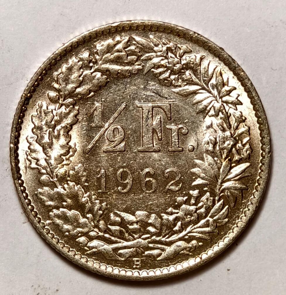 紫瑗钱币——第396期拍卖 瑞士 1962年 B版 赫尔维蒂女神 1/2法郎 2.5克 0.835银 UNC