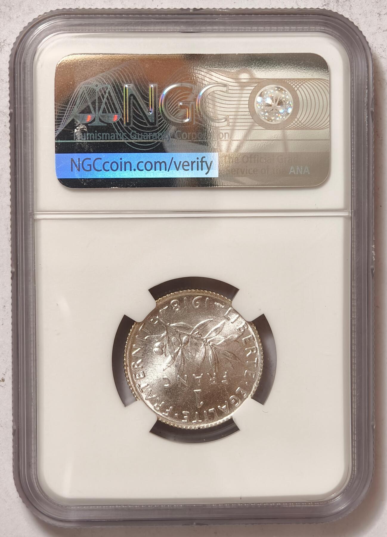 紫瑗钱币——第396期拍卖 法国 1918年 播种女神 1法郎 银币 NGC MS64