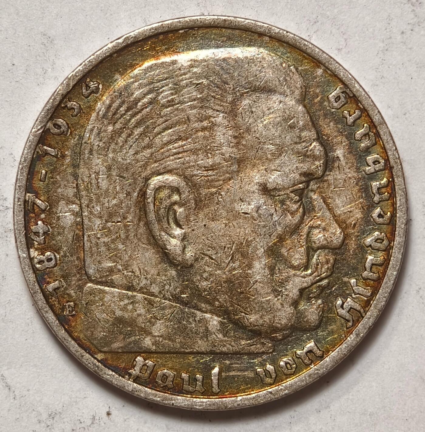 紫瑗钱币——第396期拍卖 德国 1935年 E版 兴登堡 5马克 13.9克 0.9银 五彩包浆